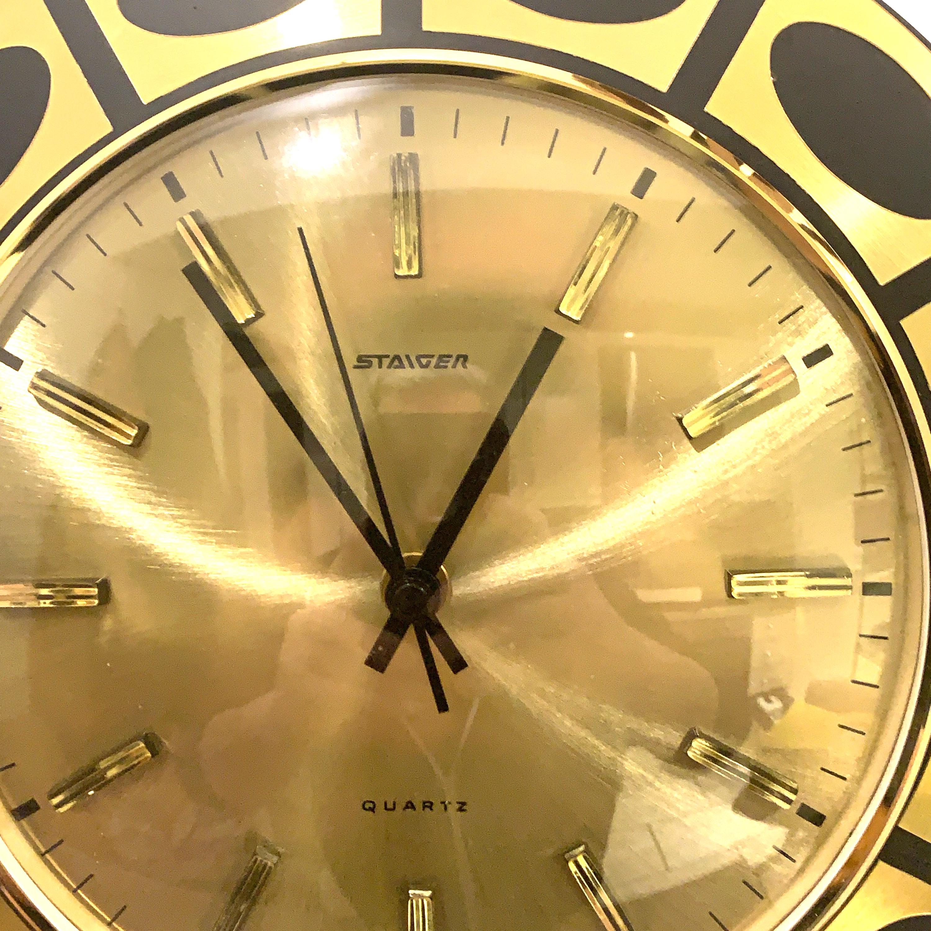 Staiger Op Art Wall Clock – 1970s Gold & Black Bezel, West Germany, New Old Stock