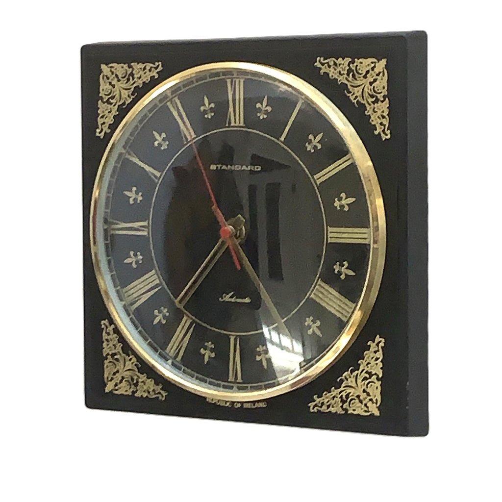 Standard Automatic Wall Clock – Irish Made, Black & Gold Fleur de Lis, 1960s