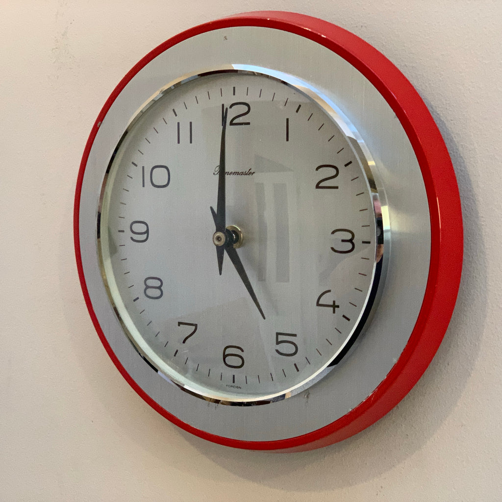 Timemaster Wall Clock, Red Steel, 1960s, Original Transistor Electronic Movement, German
