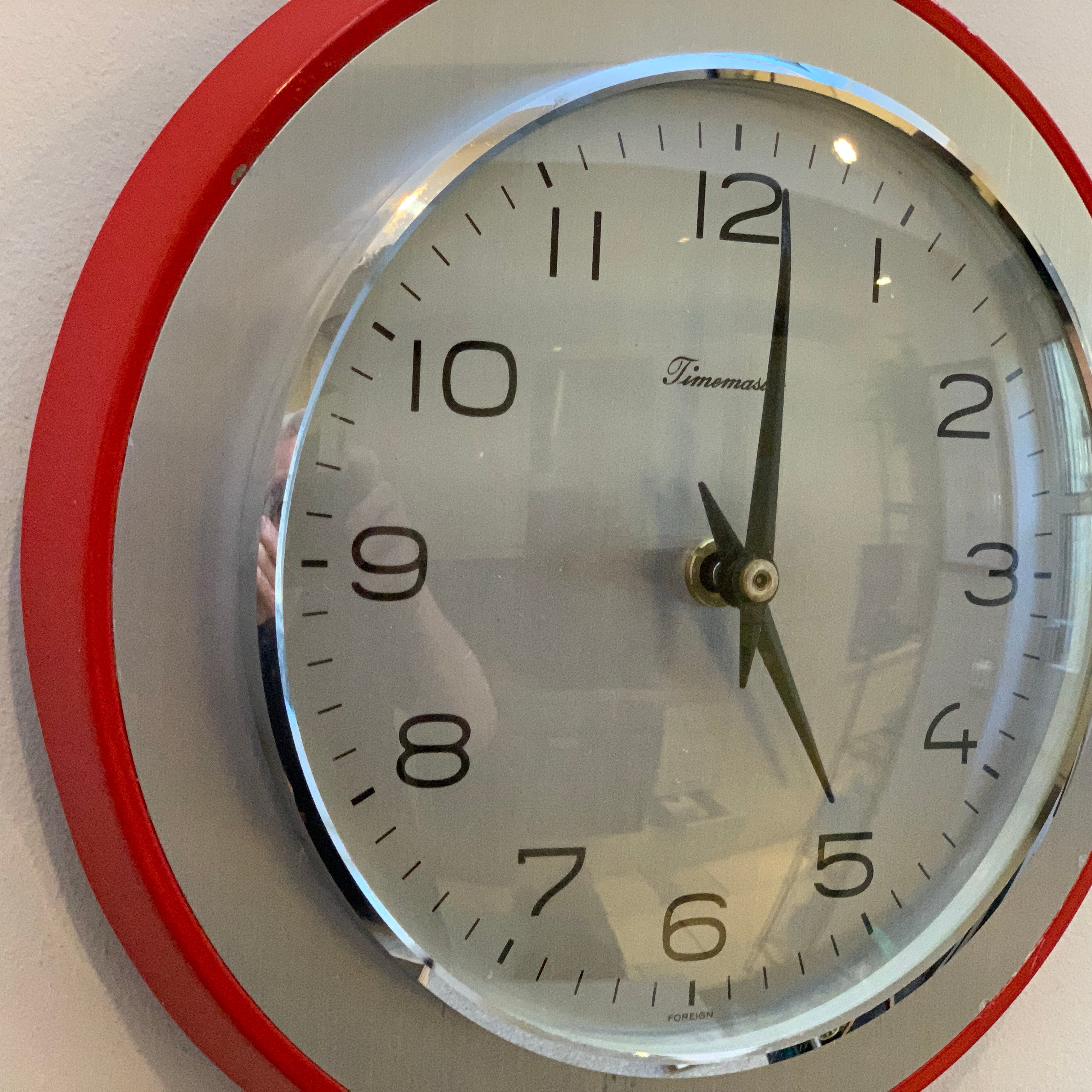 Timemaster Wall Clock, Red Steel, 1960s, Original Transistor Electronic Movement, German