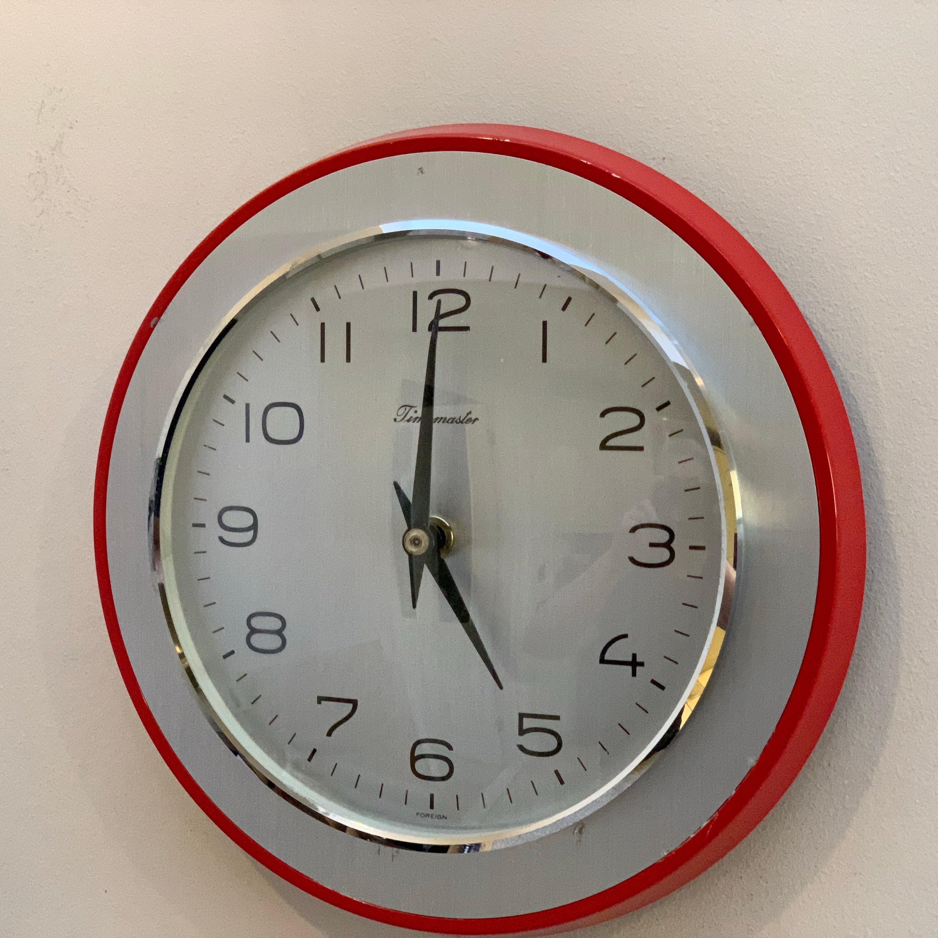 Timemaster Wall Clock, Red Steel, 1960s, Original Transistor Electronic Movement, German