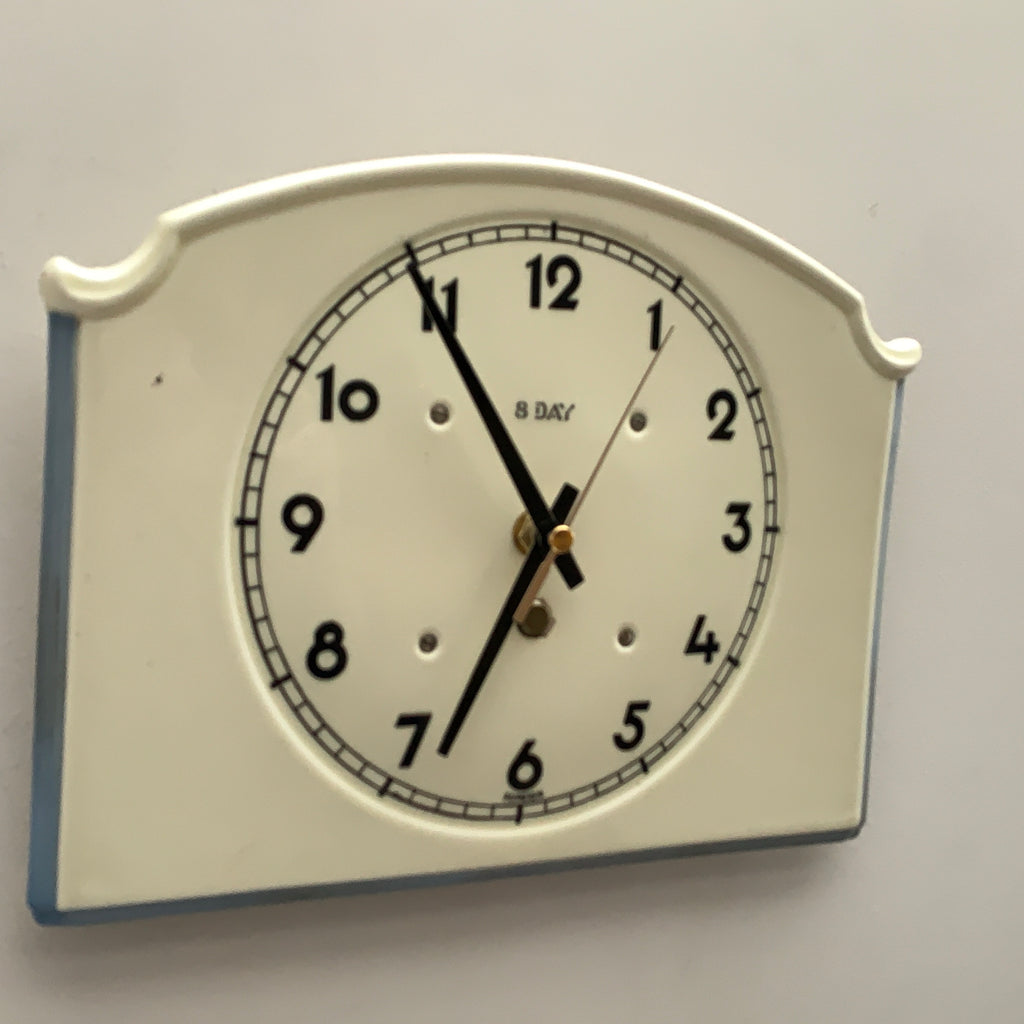 Vintage German Ceramic Wall Clock, 1930s Art Deco, Cream Ivory, 8 Day, Arched Case