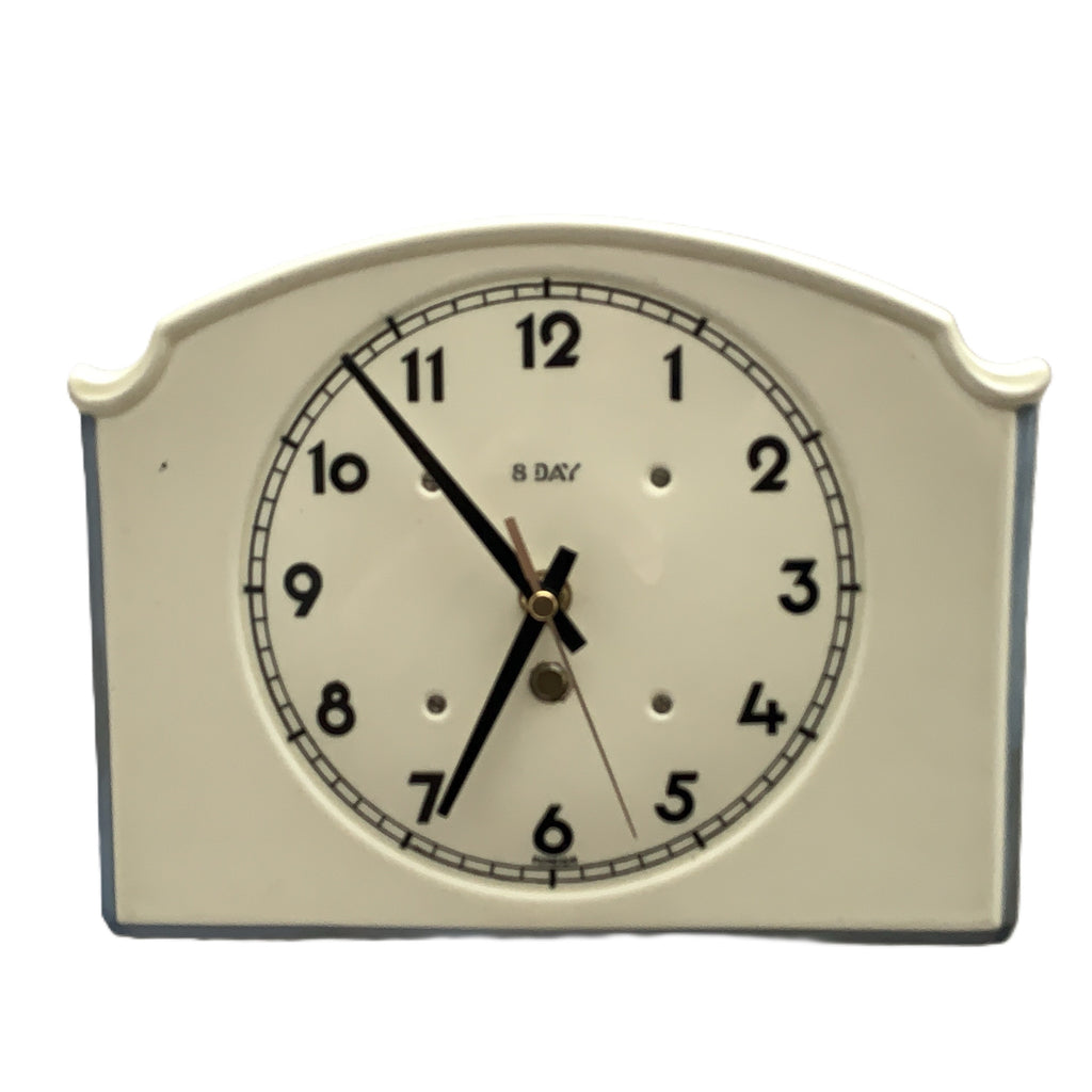 Vintage German Ceramic Wall Clock, 1930s Art Deco, Cream Ivory, 8 Day, Arched Case