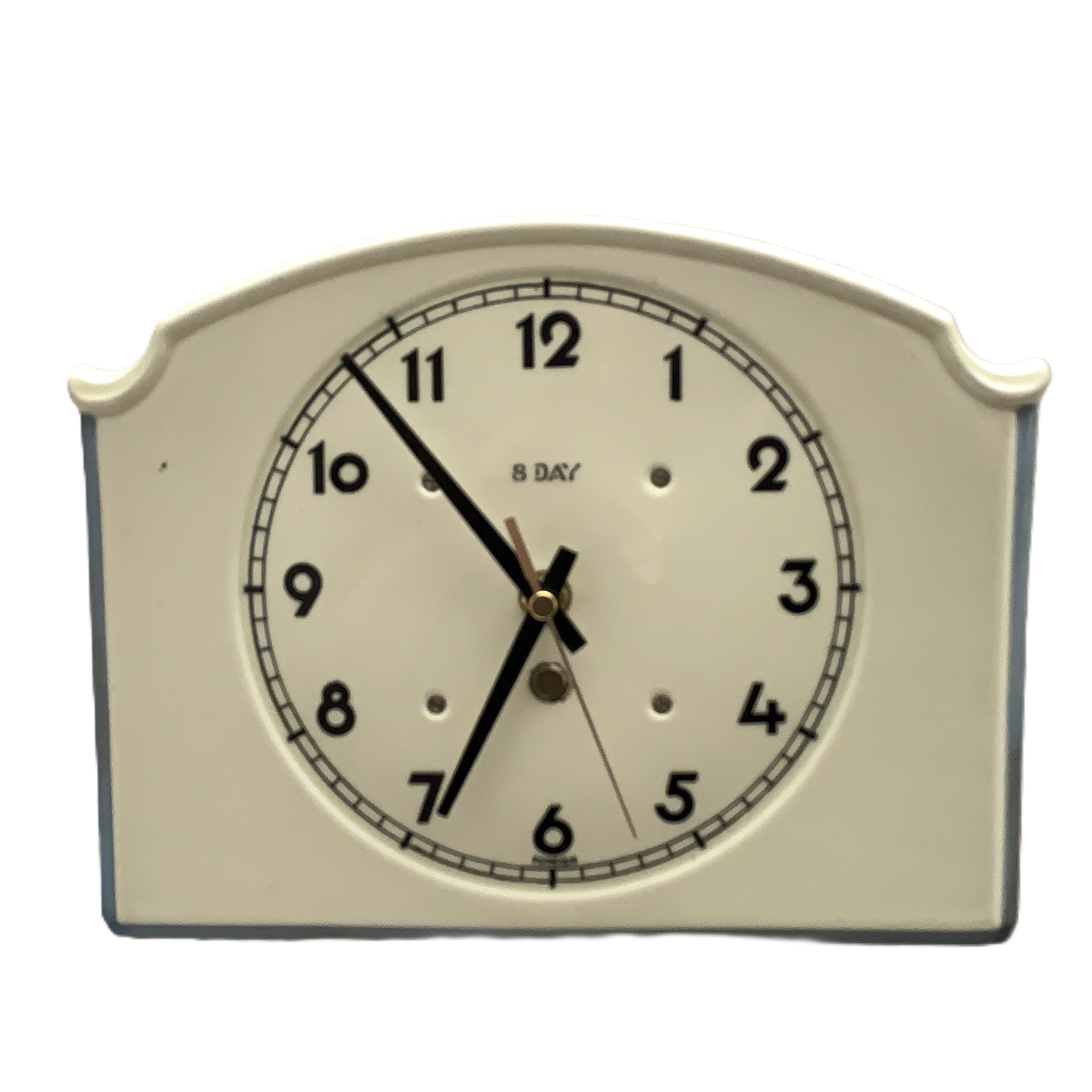 Vintage German Ceramic Wall Clock, 1930s Art Deco, Cream Ivory, 8 Day, Arched Case