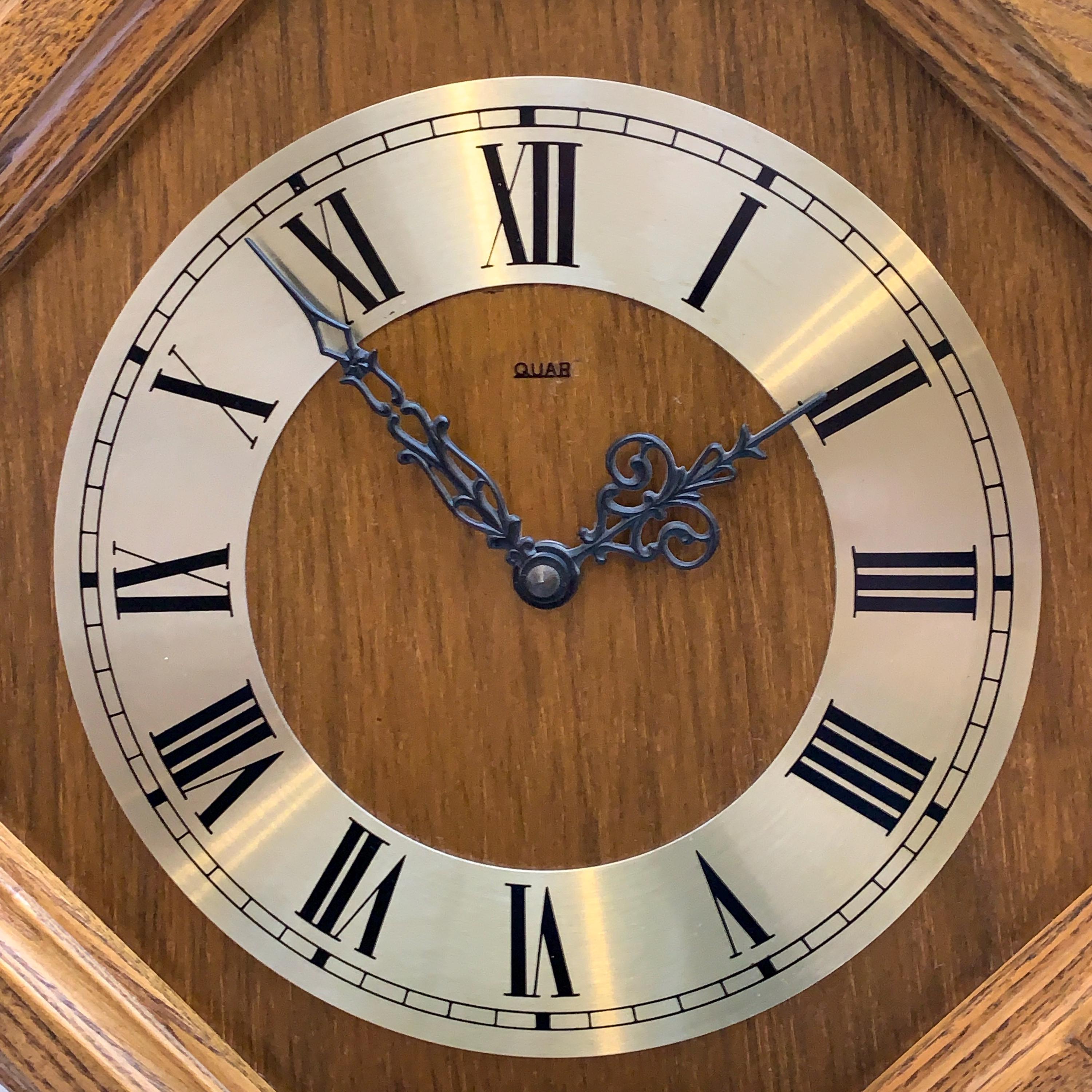 Vintage German Oak Octagonal Wall Clock, Brass Roman Numeral Dial, All Original, 12 Inch