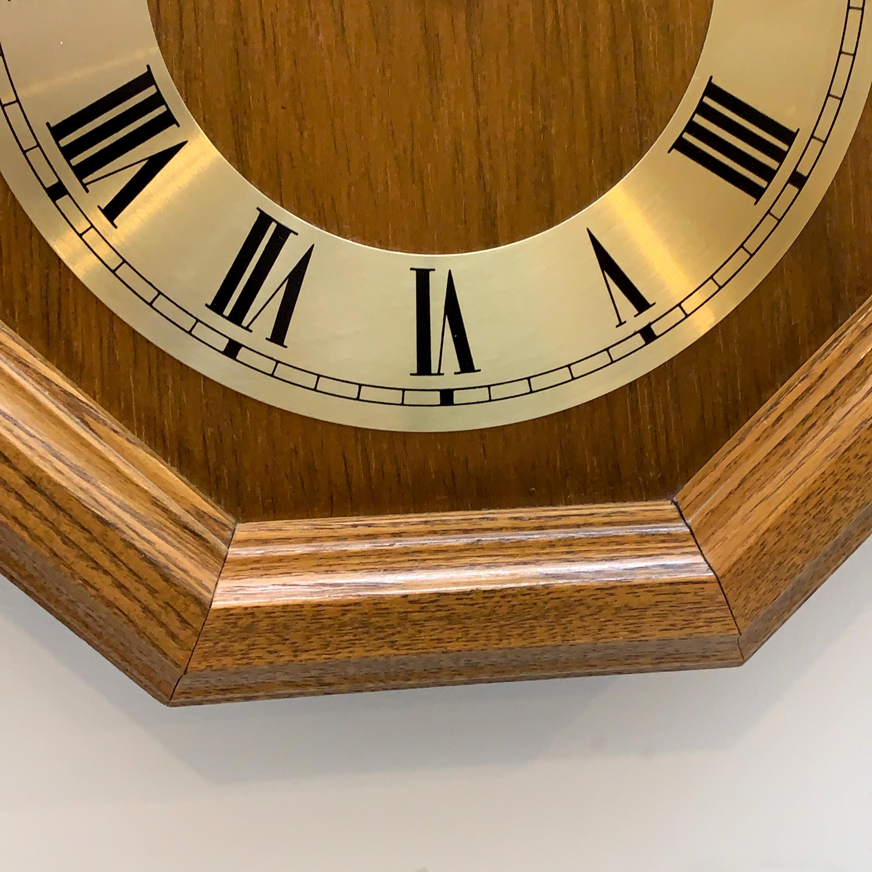 Vintage German Oak Octagonal Wall Clock, Brass Roman Numeral Dial, All Original, 12 Inch
