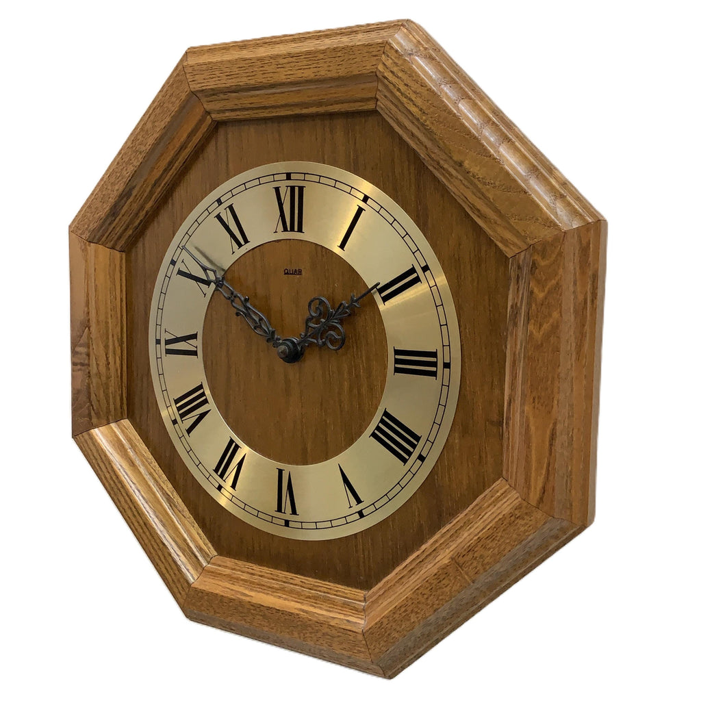 Vintage German Oak Octagonal Wall Clock, Brass Roman Numeral Dial, All Original, 12 Inch