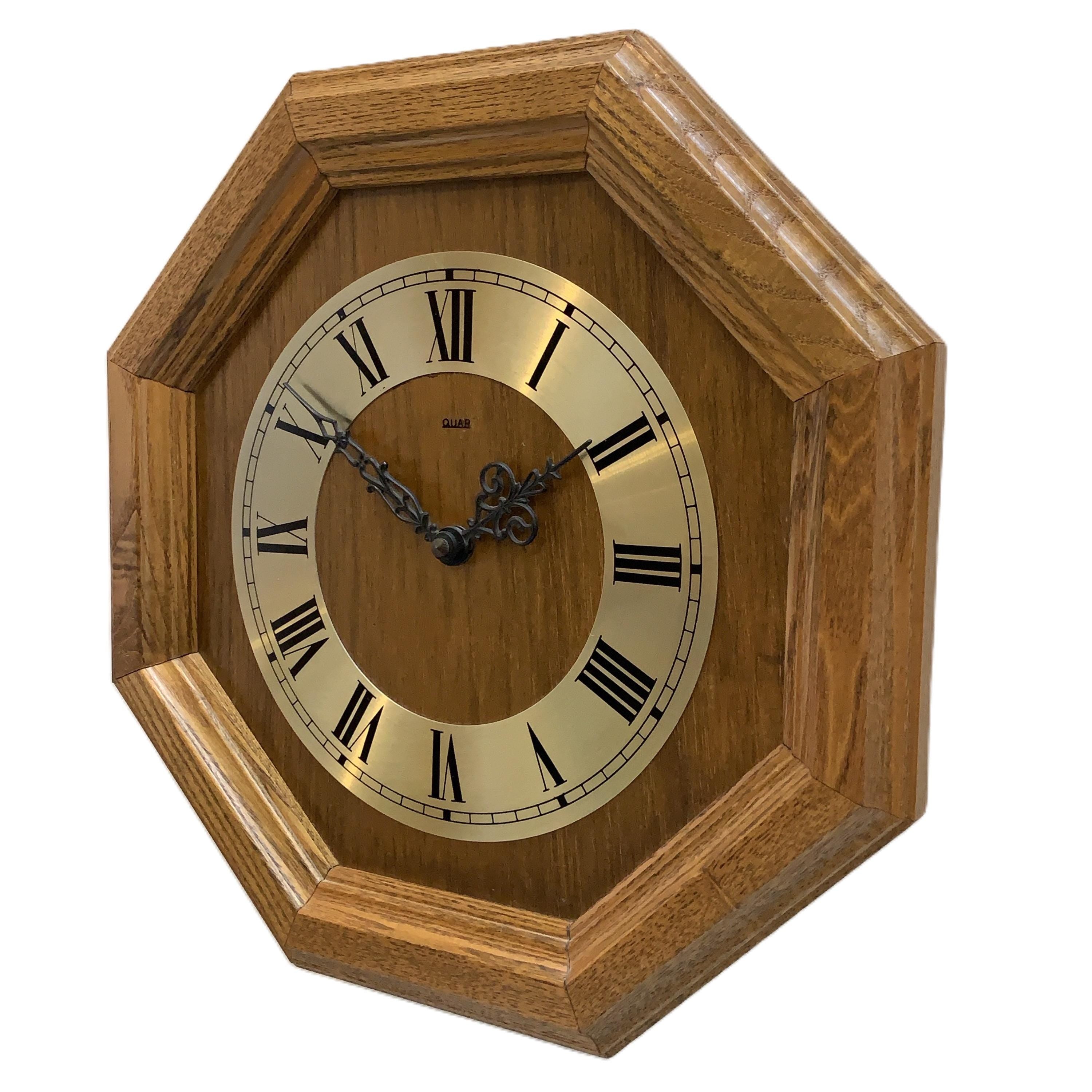 Vintage German Oak Octagonal Wall Clock, Brass Roman Numeral Dial, All Original, 12 Inch