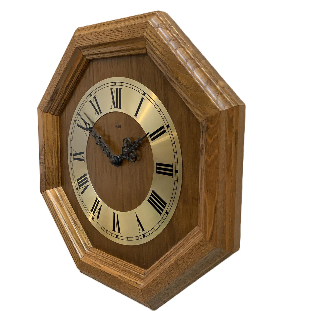 Vintage German Oak Octagonal Wall Clock, Brass Roman Numeral Dial, All Original, 12 Inch