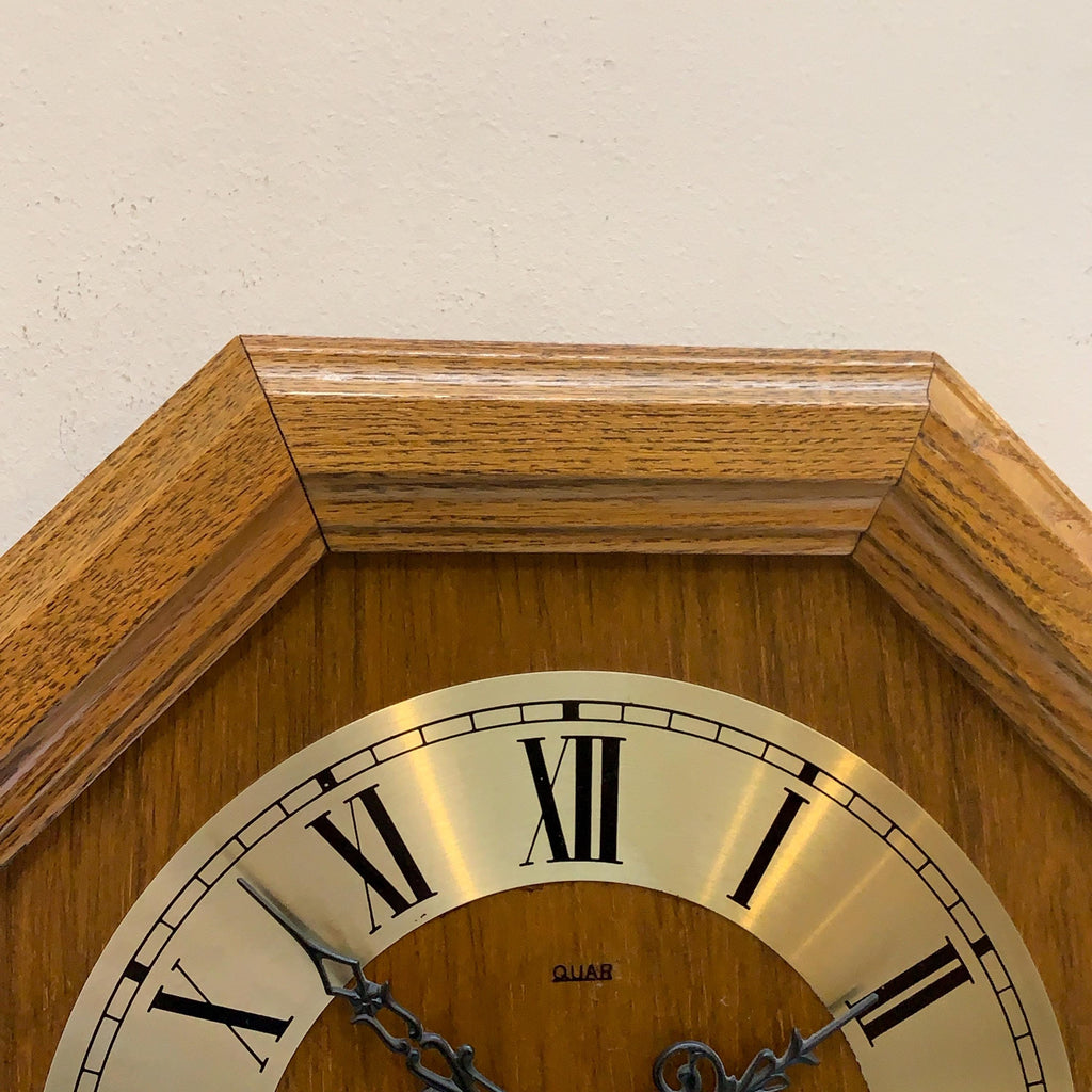 Vintage German Oak Octagonal Wall Clock, Brass Roman Numeral Dial, All Original, 12 Inch