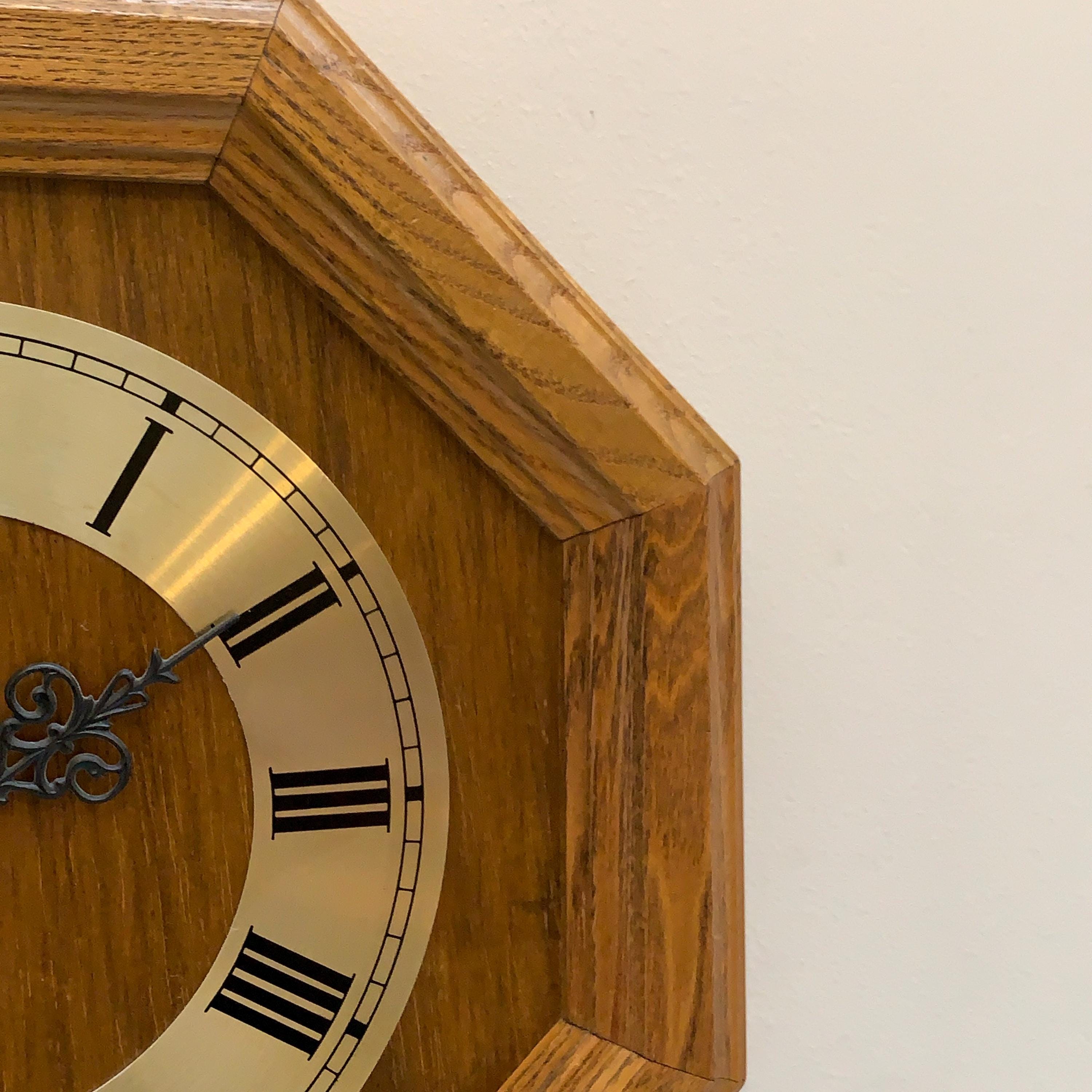 Vintage German Oak Octagonal Wall Clock, Brass Roman Numeral Dial, All Original, 12 Inch