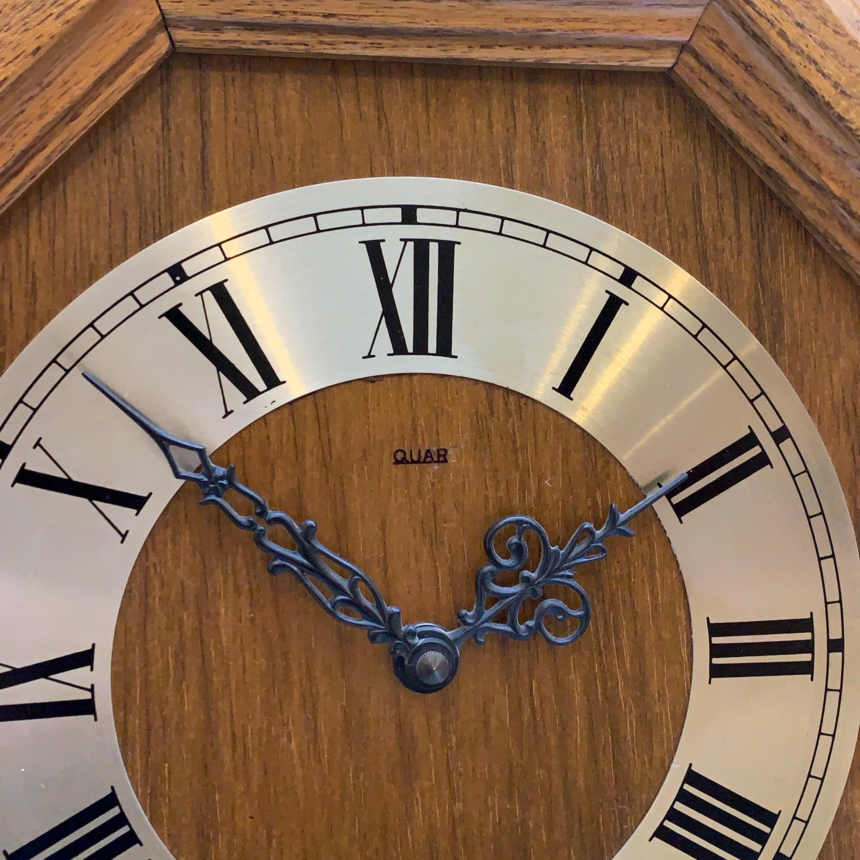 Vintage German Oak Octagonal Wall Clock, Brass Roman Numeral Dial, All Original, 12 Inch