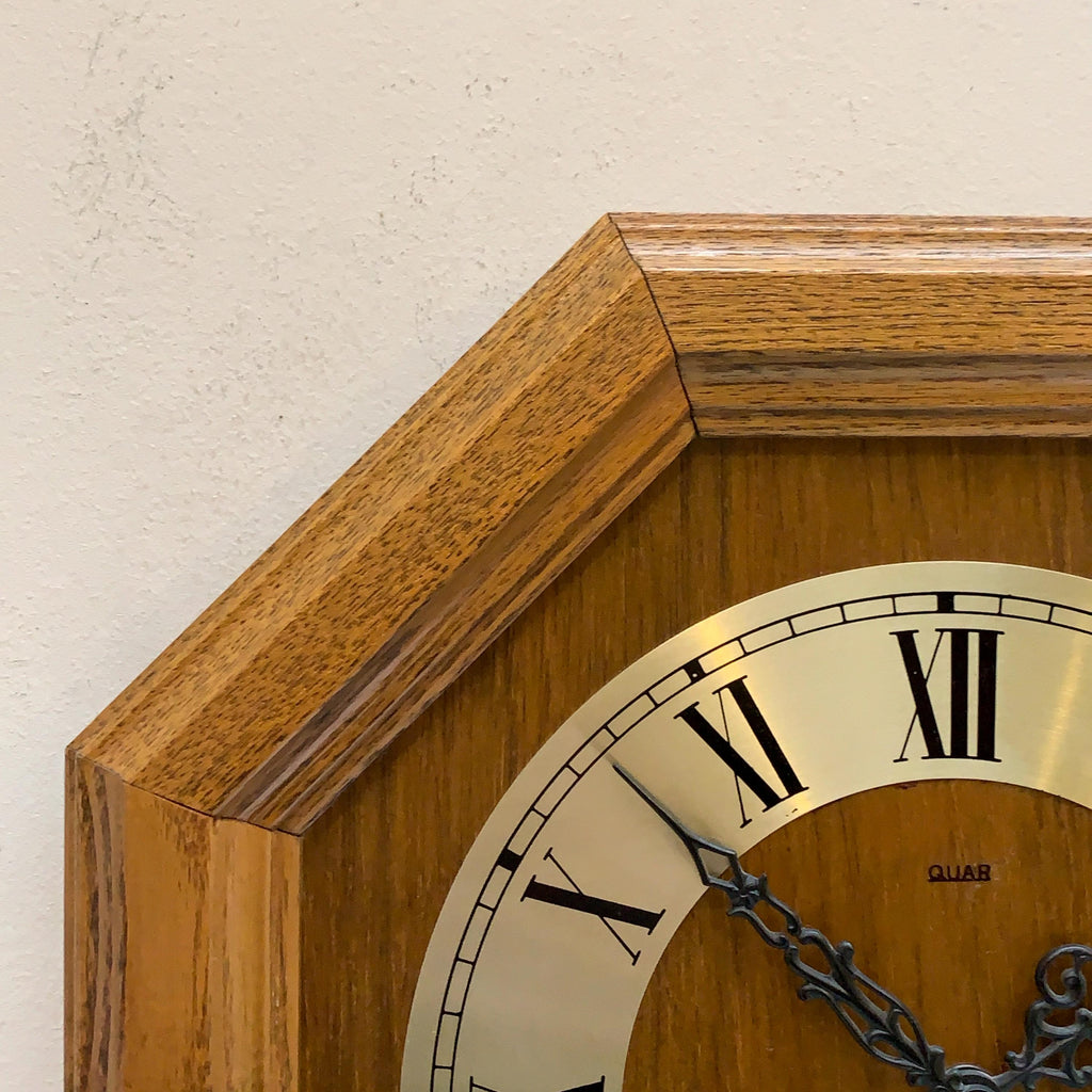 Vintage German Oak Octagonal Wall Clock, Brass Roman Numeral Dial, All Original, 12 Inch