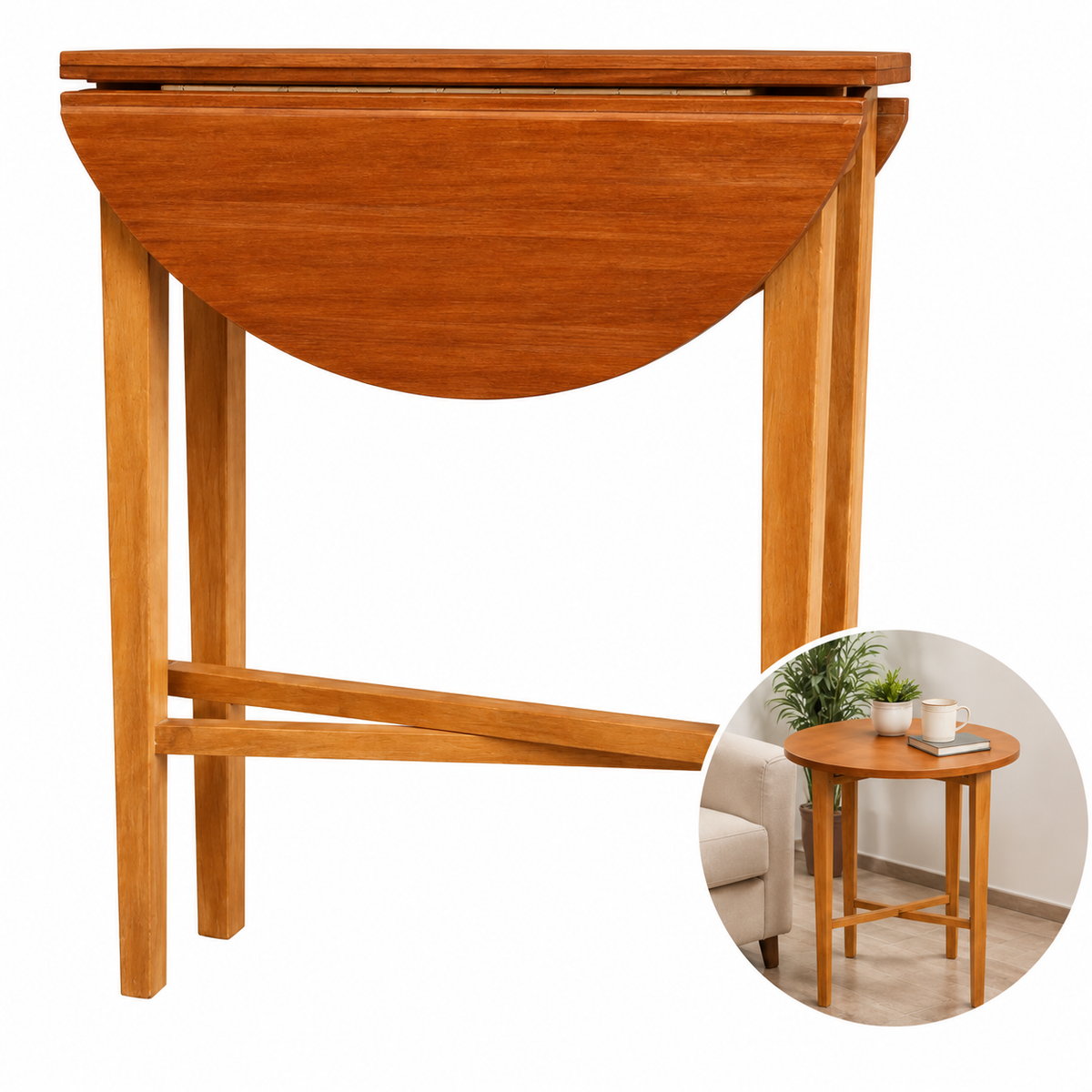 Vintage Teak Folding Side Table, Scandinavian Danish Modern Style, Round Occasional Table