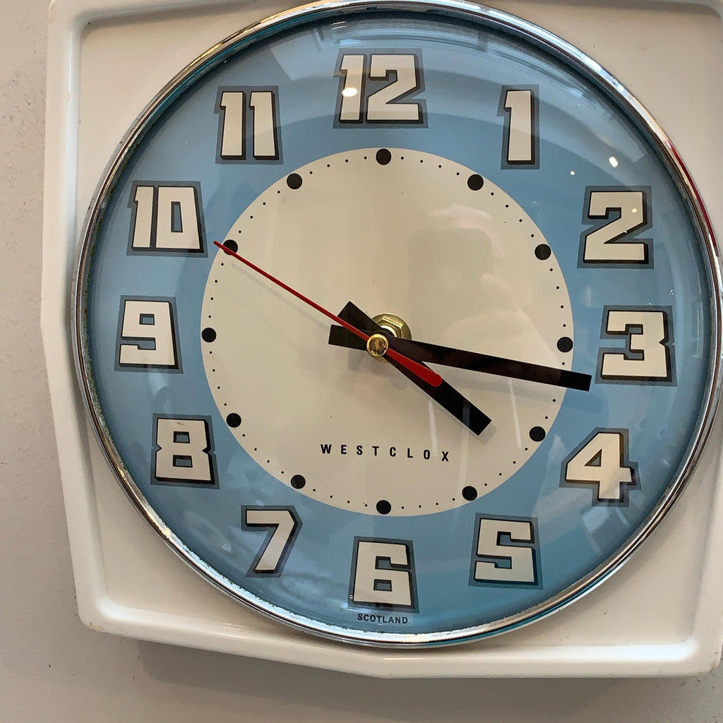 Vintage Westclox Scotland Kitchen Wall Clock, 1960s Retro Blue Dial, New Quartz, 8.25 Inch