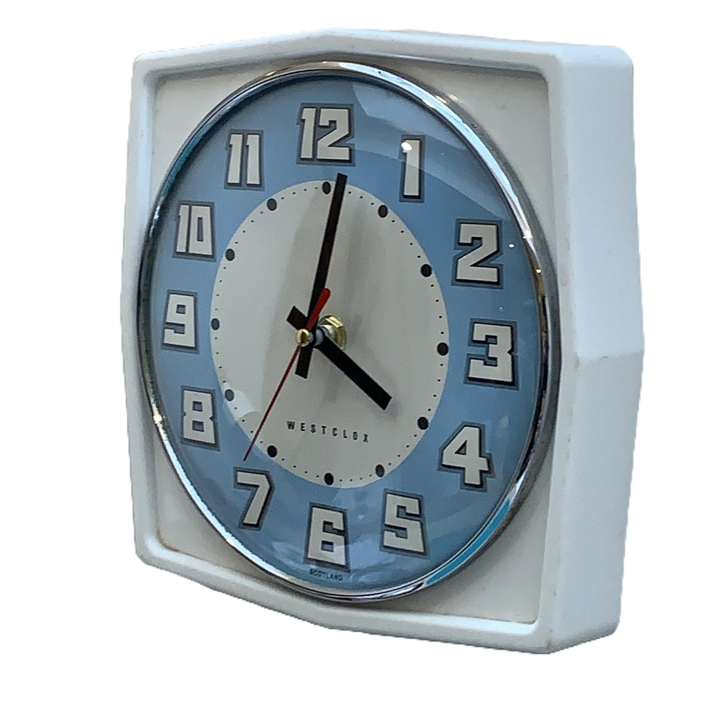 Vintage Westclox Scotland Kitchen Wall Clock, 1960s Retro Blue Dial, New Quartz, 8.25 Inch