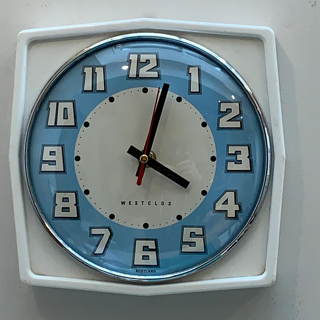 Vintage Westclox Scotland Kitchen Wall Clock, 1960s Retro Blue Dial, New Quartz, 8.25 Inch
