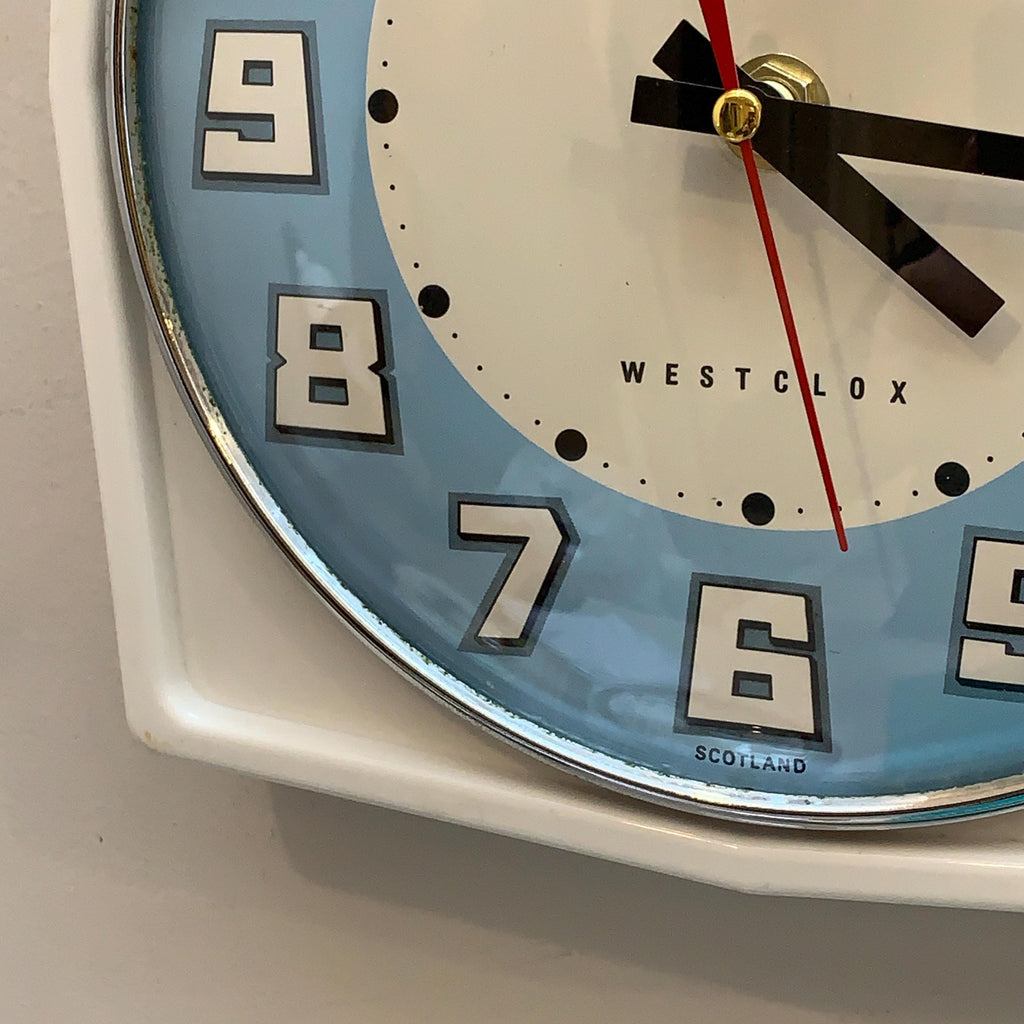 Vintage Westclox Scotland Kitchen Wall Clock, 1960s Retro Blue Dial, New Quartz, 8.25 Inch