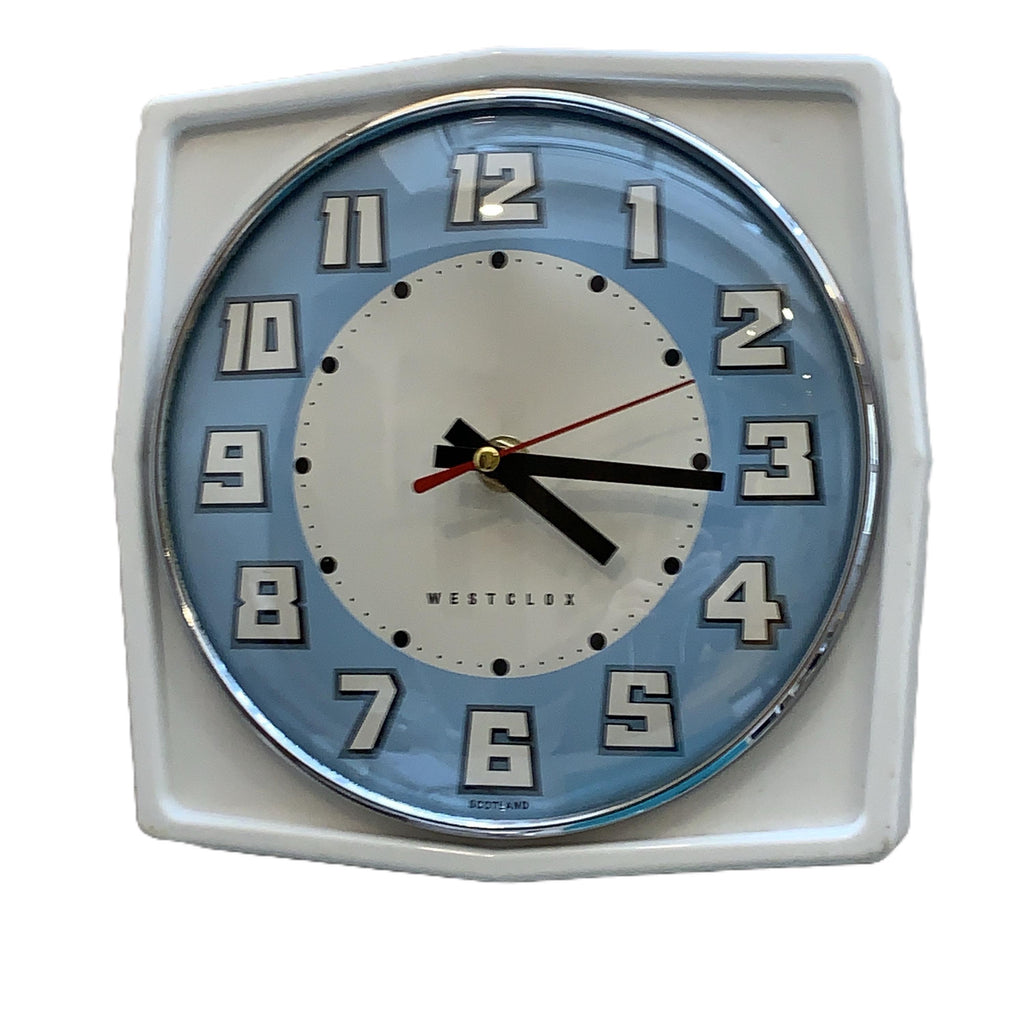 Vintage Westclox Scotland Kitchen Wall Clock, 1960s Retro Blue Dial, New Quartz, 8.25 Inch