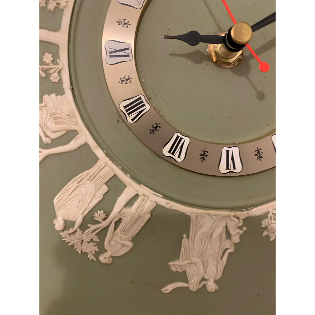 Wedgwood Jasperware Wall Clock – 1970s Sage Green Neoclassical White Relief Figures 9.5 Inch Quartz