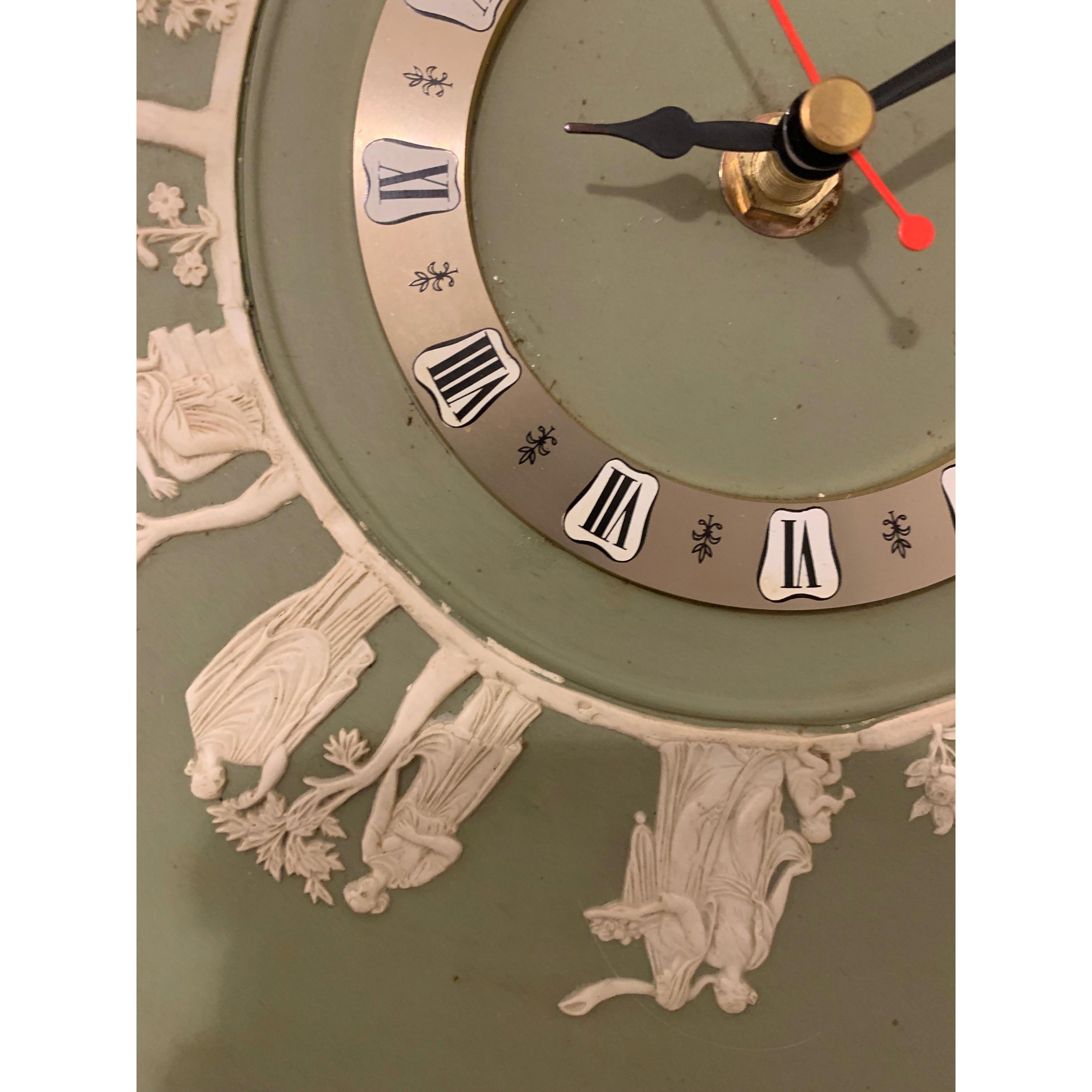 Wedgwood Jasperware Wall Clock – 1970s Sage Green Neoclassical White Relief Figures 9.5 Inch Quartz