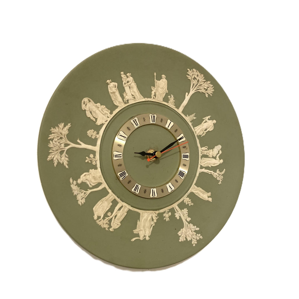 Wedgwood Jasperware Wall Clock – 1970s Sage Green Neoclassical White Relief Figures 9.5 Inch Quartz