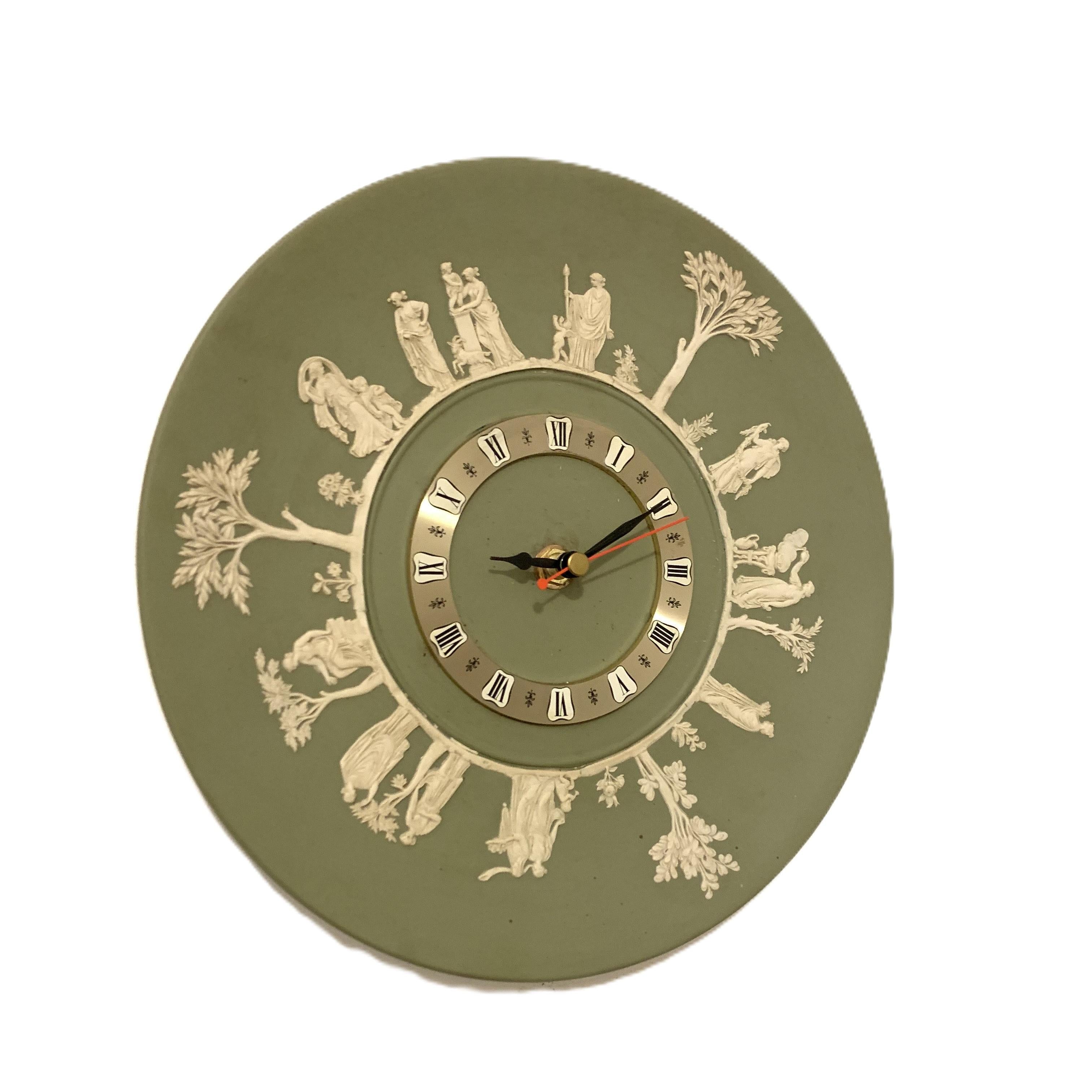 Wedgwood Jasperware Wall Clock – 1970s Sage Green Neoclassical White Relief Figures 9.5 Inch Quartz