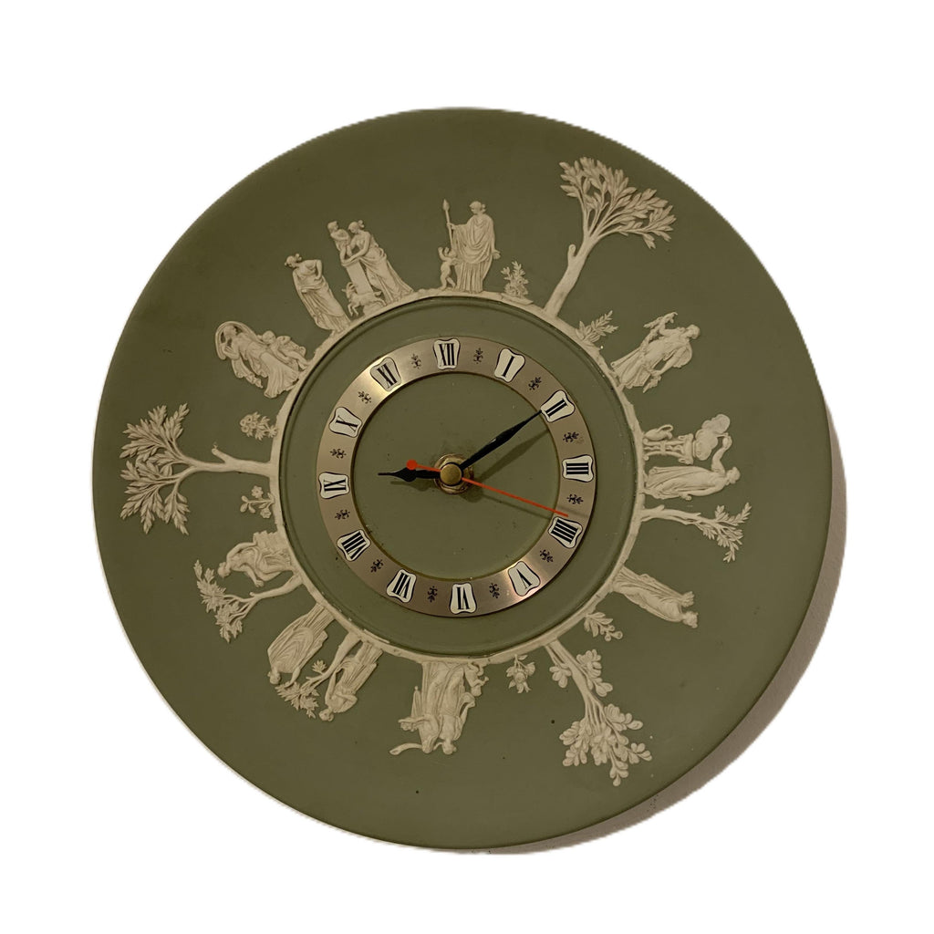 Wedgwood Jasperware Wall Clock – 1970s Sage Green Neoclassical White Relief Figures 9.5 Inch Quartz