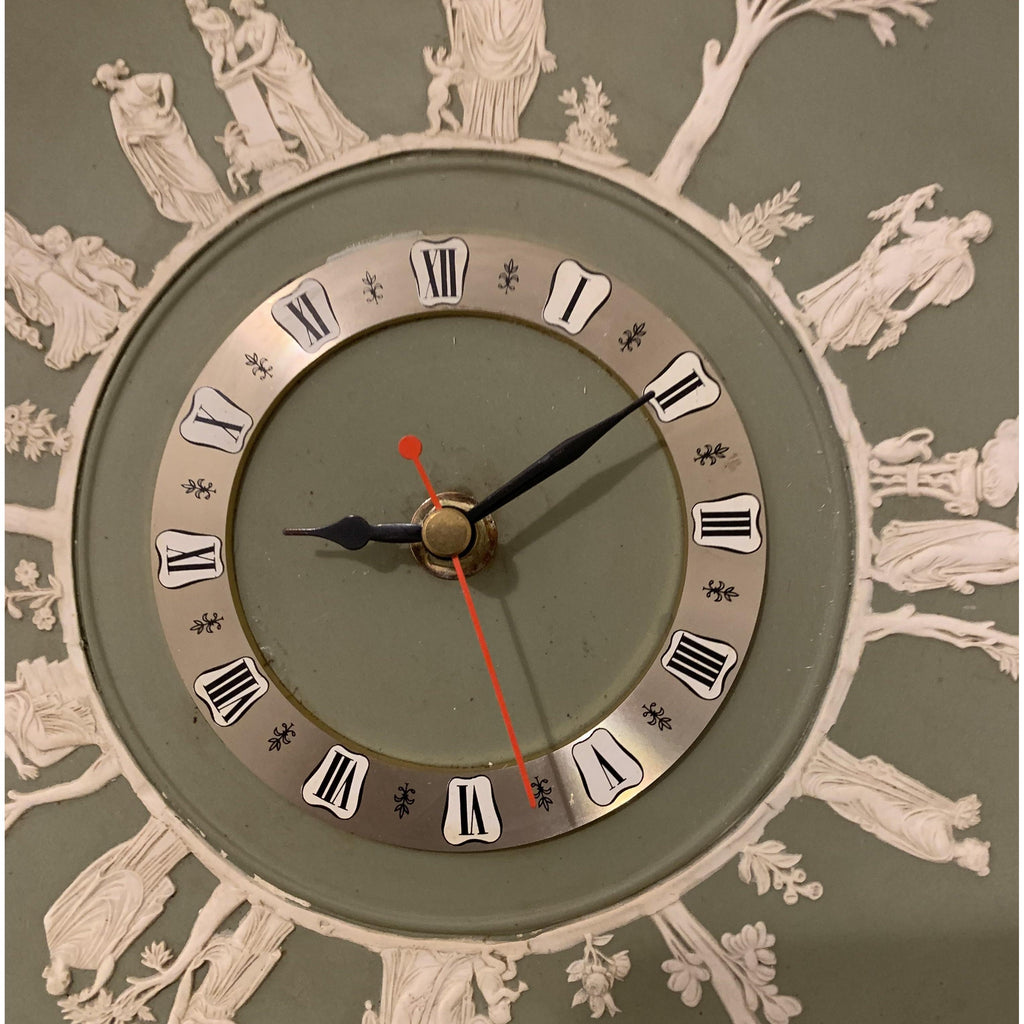 Wedgwood Jasperware Wall Clock – 1970s Sage Green Neoclassical White Relief Figures 9.5 Inch Quartz