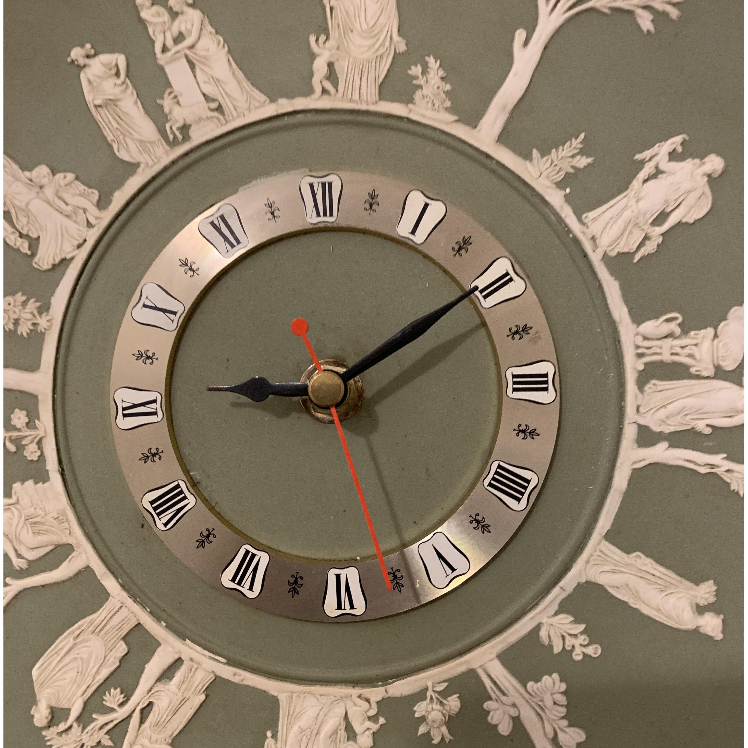 Wedgwood Jasperware Wall Clock – 1970s Sage Green Neoclassical White Relief Figures 9.5 Inch Quartz
