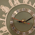 Wedgwood Jasperware Wall Clock – 1970s Sage Green Neoclassical White Relief Figures 9.5 Inch Quartz