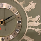 Wedgwood Jasperware Wall Clock – 1970s Sage Green Neoclassical White Relief Figures 9.5 Inch Quartz