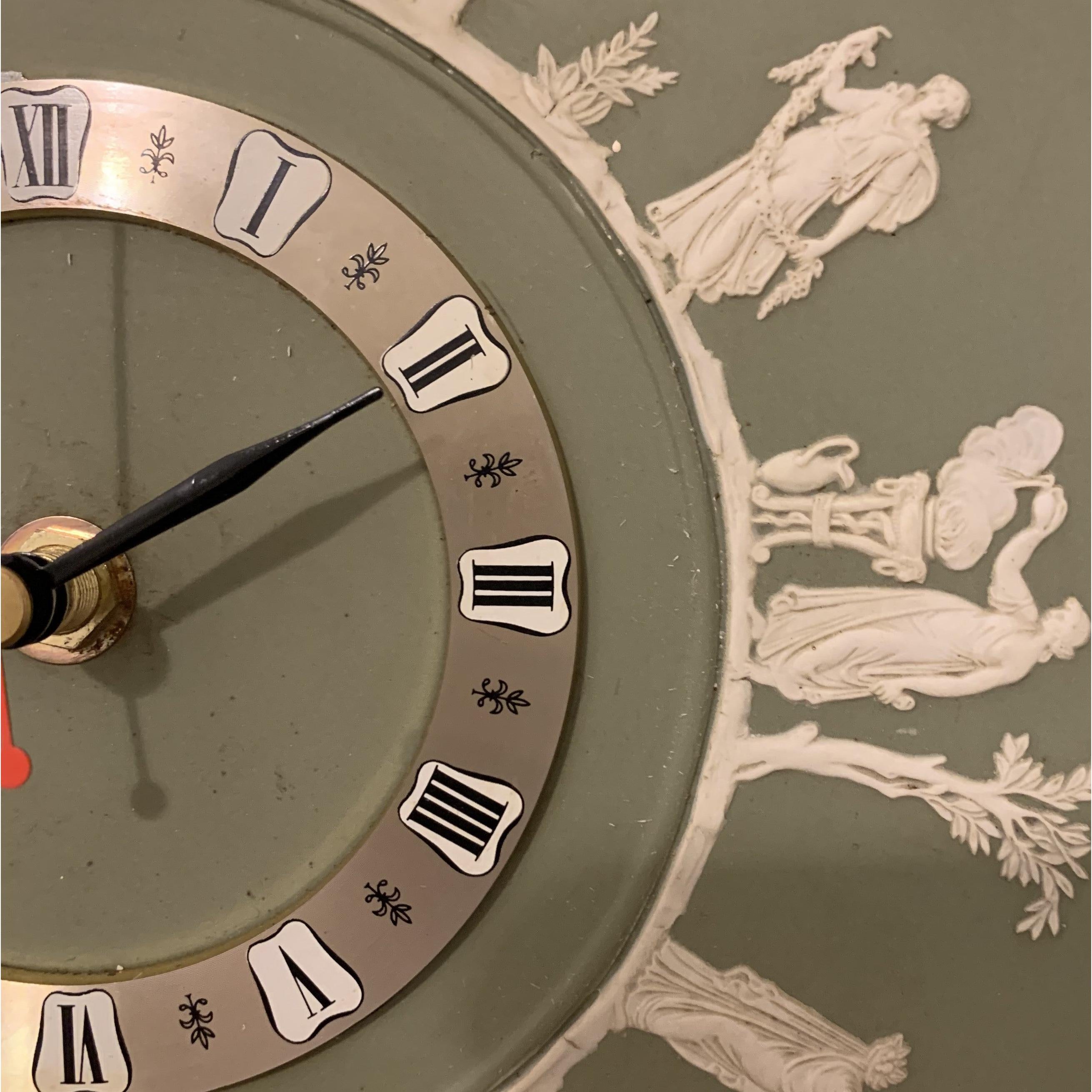 Wedgwood Jasperware Wall Clock – 1970s Sage Green Neoclassical White Relief Figures 9.5 Inch Quartz