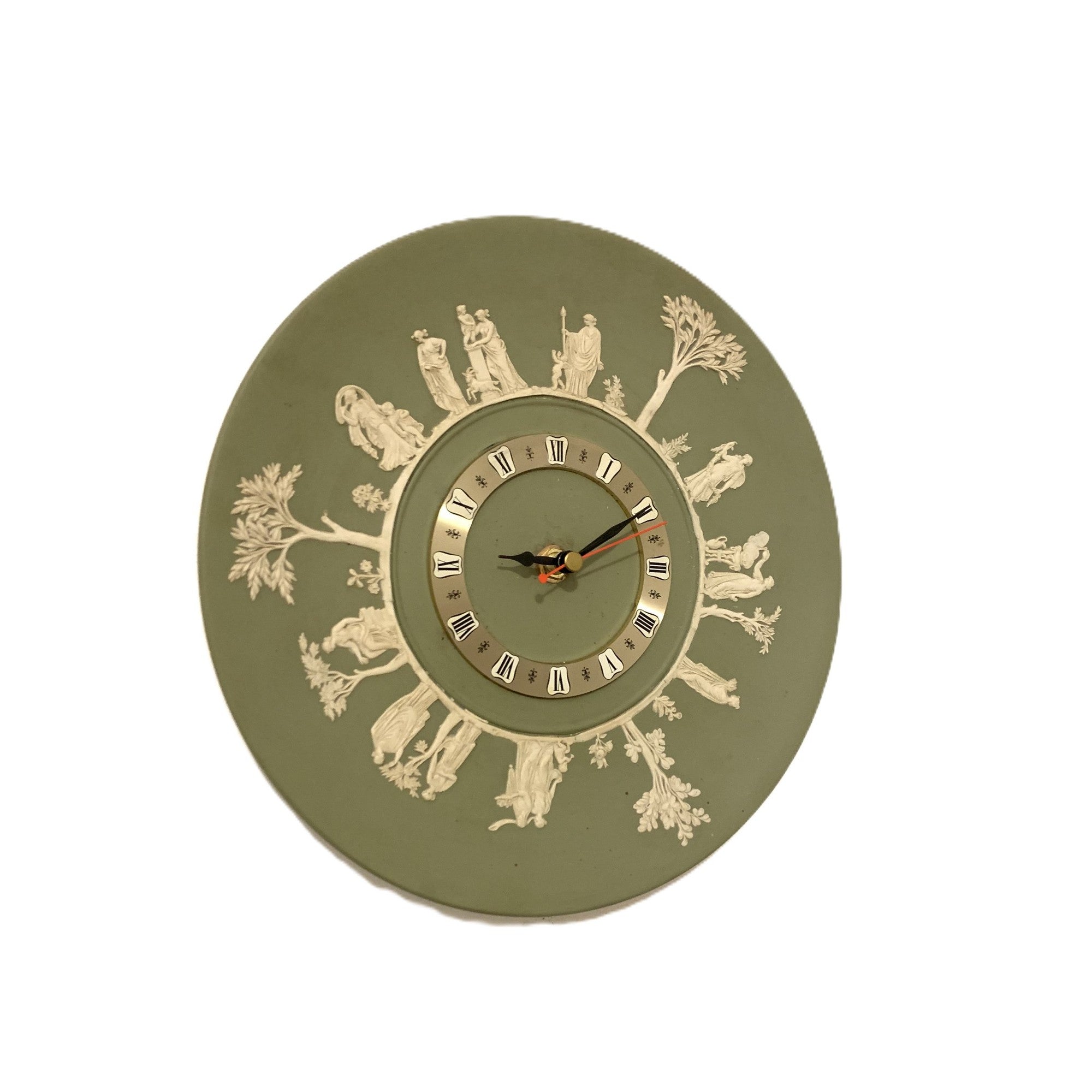 Wedgwood Jasperware Wall Clock – 1970s Sage Green Neoclassical White Relief Figures 9.5 Inch Quartz