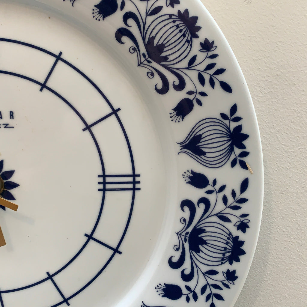 Weimar Electronic Porcelain Plate Clock, 1970s, Cobalt Blue Folk Art Floral, East Germany
