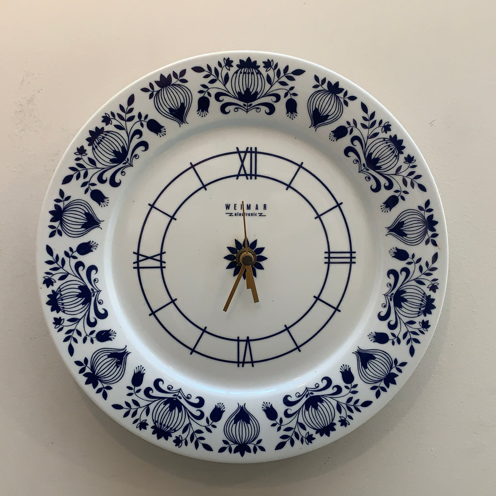 Weimar Electronic Porcelain Plate Clock, 1970s, Cobalt Blue Folk Art Floral, East Germany