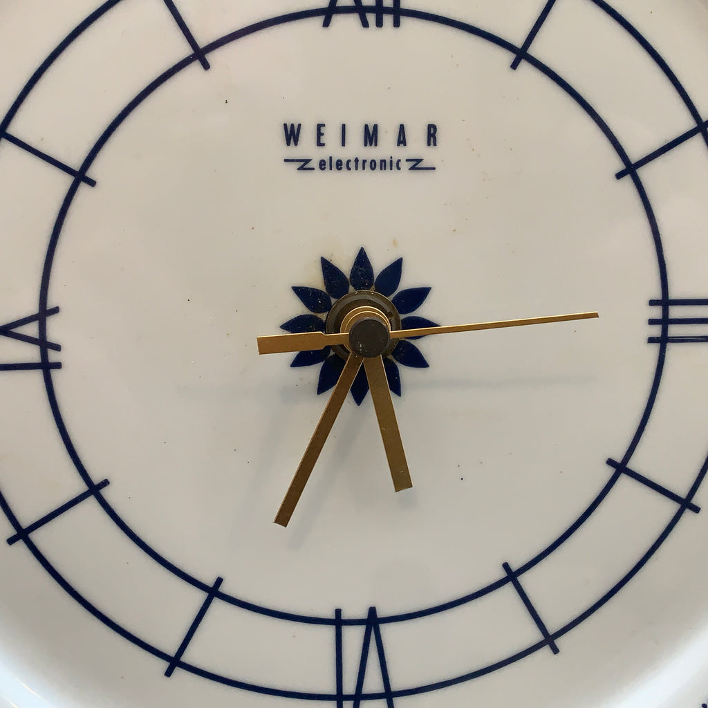 Weimar Electronic Porcelain Plate Clock, 1970s, Cobalt Blue Folk Art Floral, East Germany