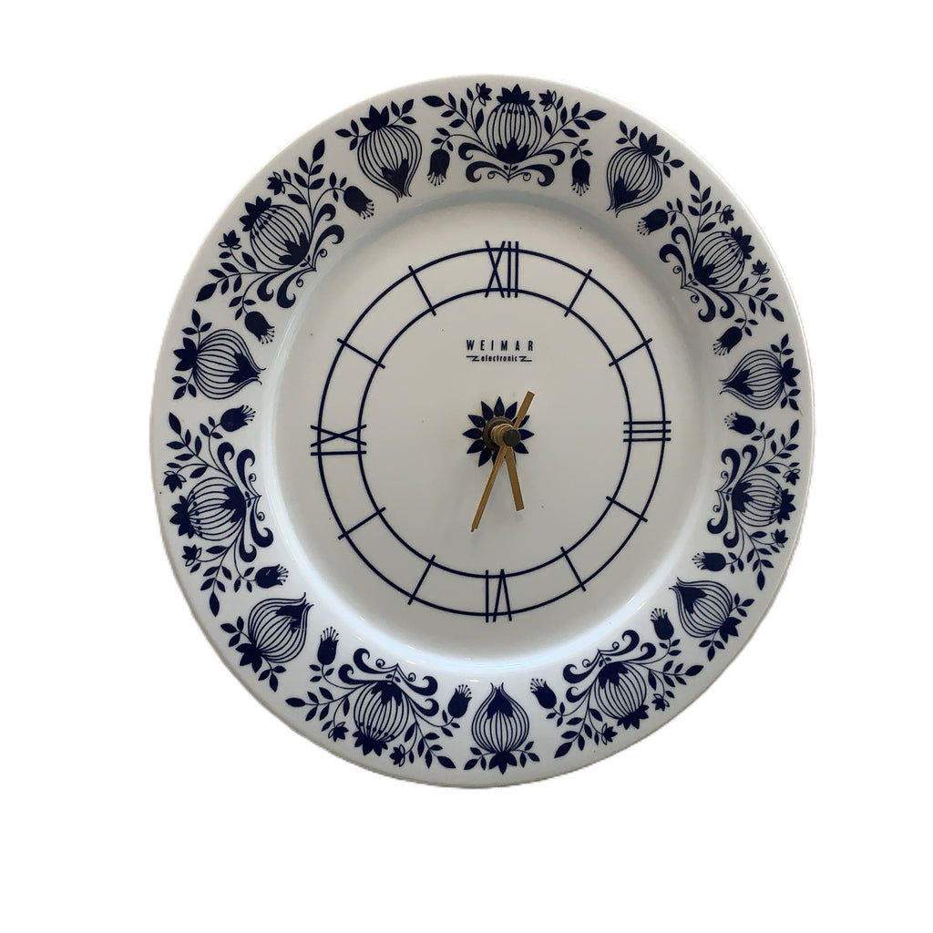 Weimar Electronic Porcelain Plate Clock, 1970s, Cobalt Blue Folk Art Floral, East Germany