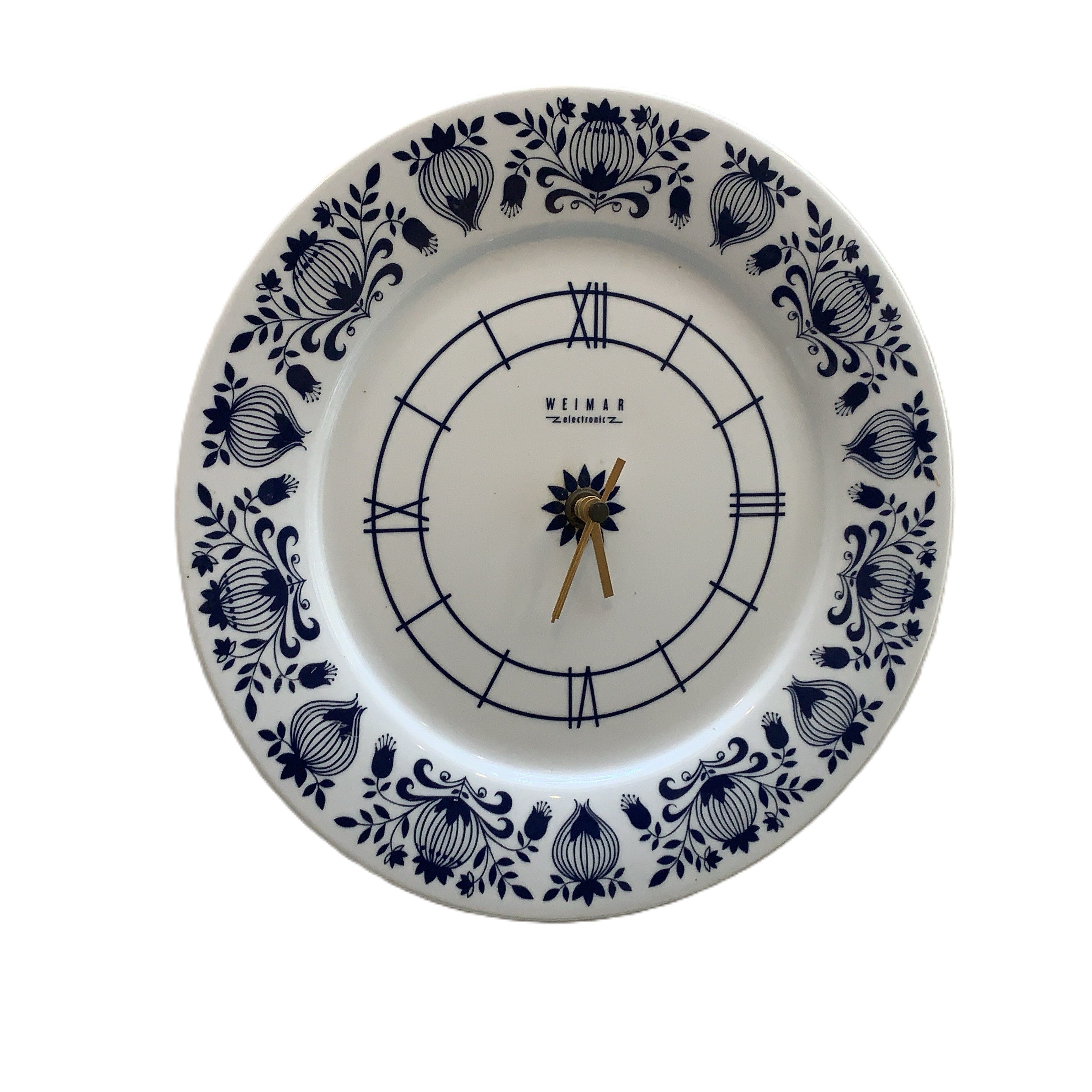Weimar Electronic Porcelain Plate Clock, 1970s, Cobalt Blue Folk Art Floral, East Germany