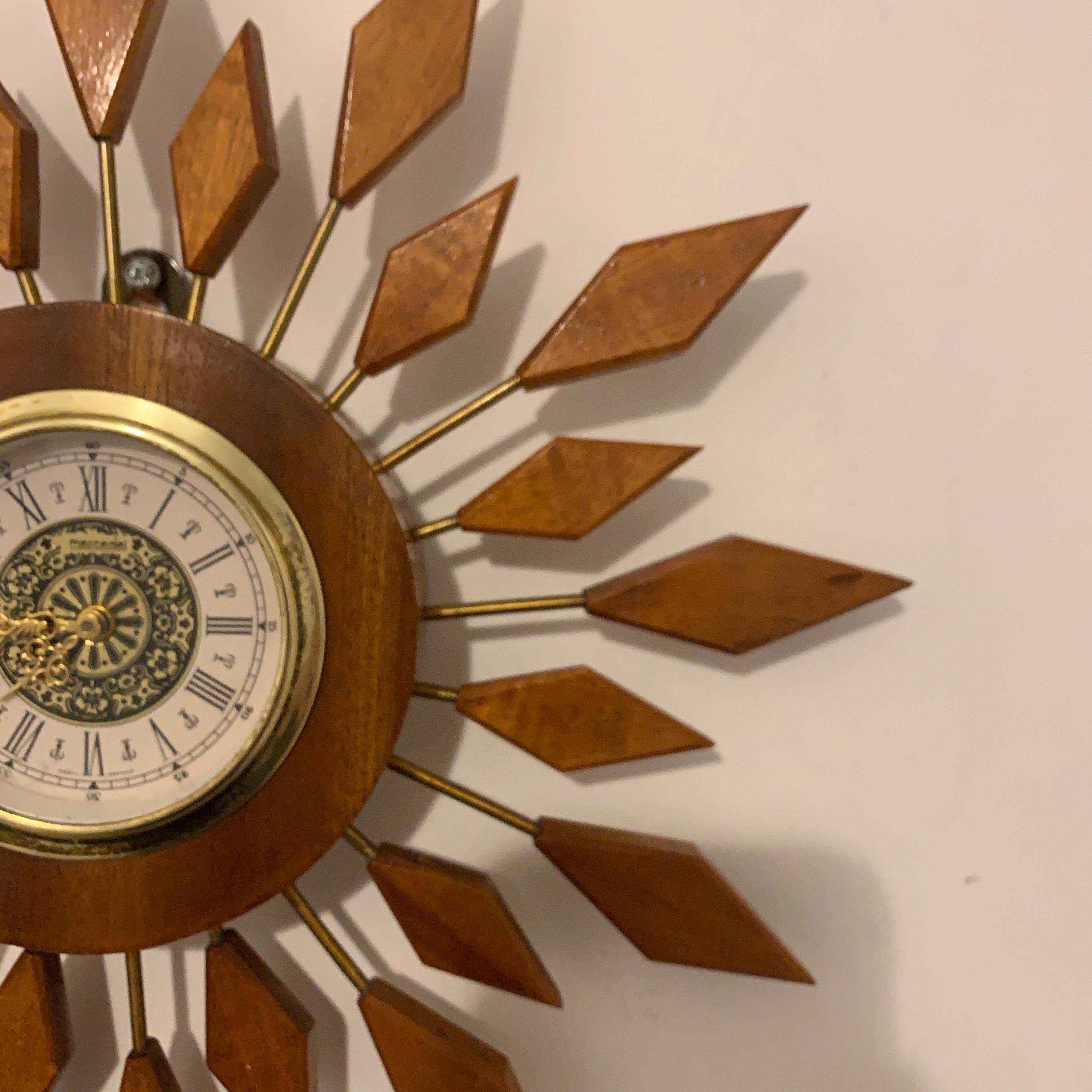 West German Teak Starburst Clock – 1960s Gebrüder Hauser Mercedes Wind-Up, 13.5 Inch