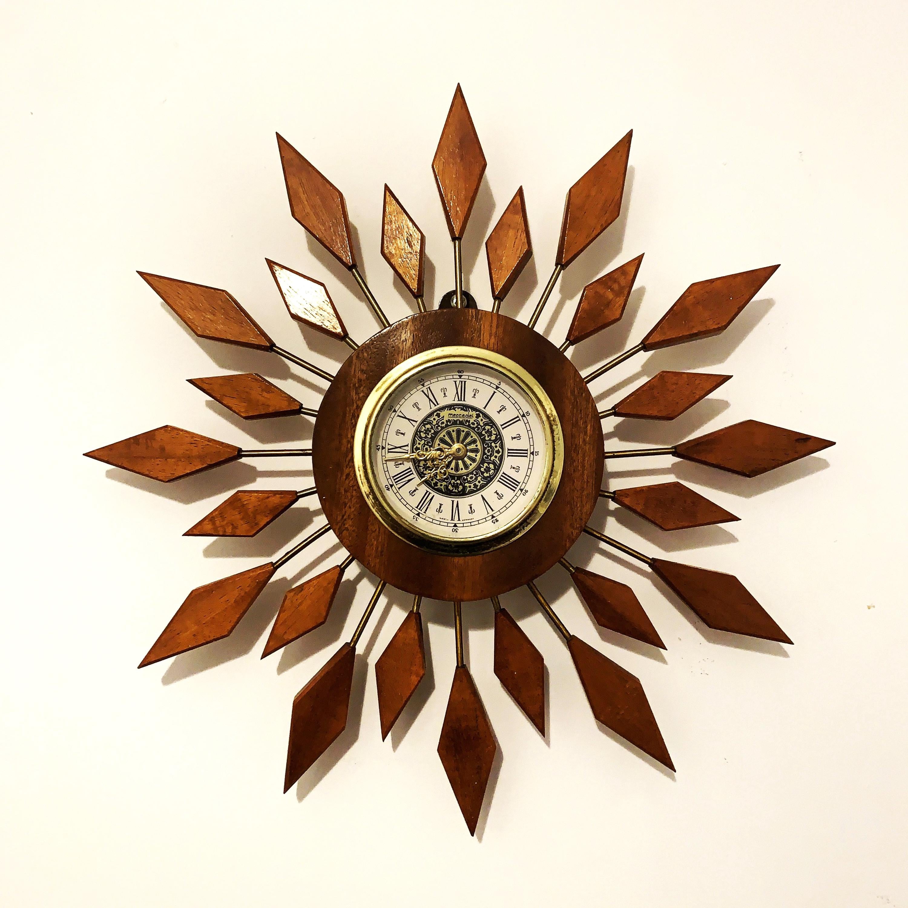 West German Teak Starburst Clock – 1960s Gebrüder Hauser Mercedes Wind-Up, 13.5 Inch