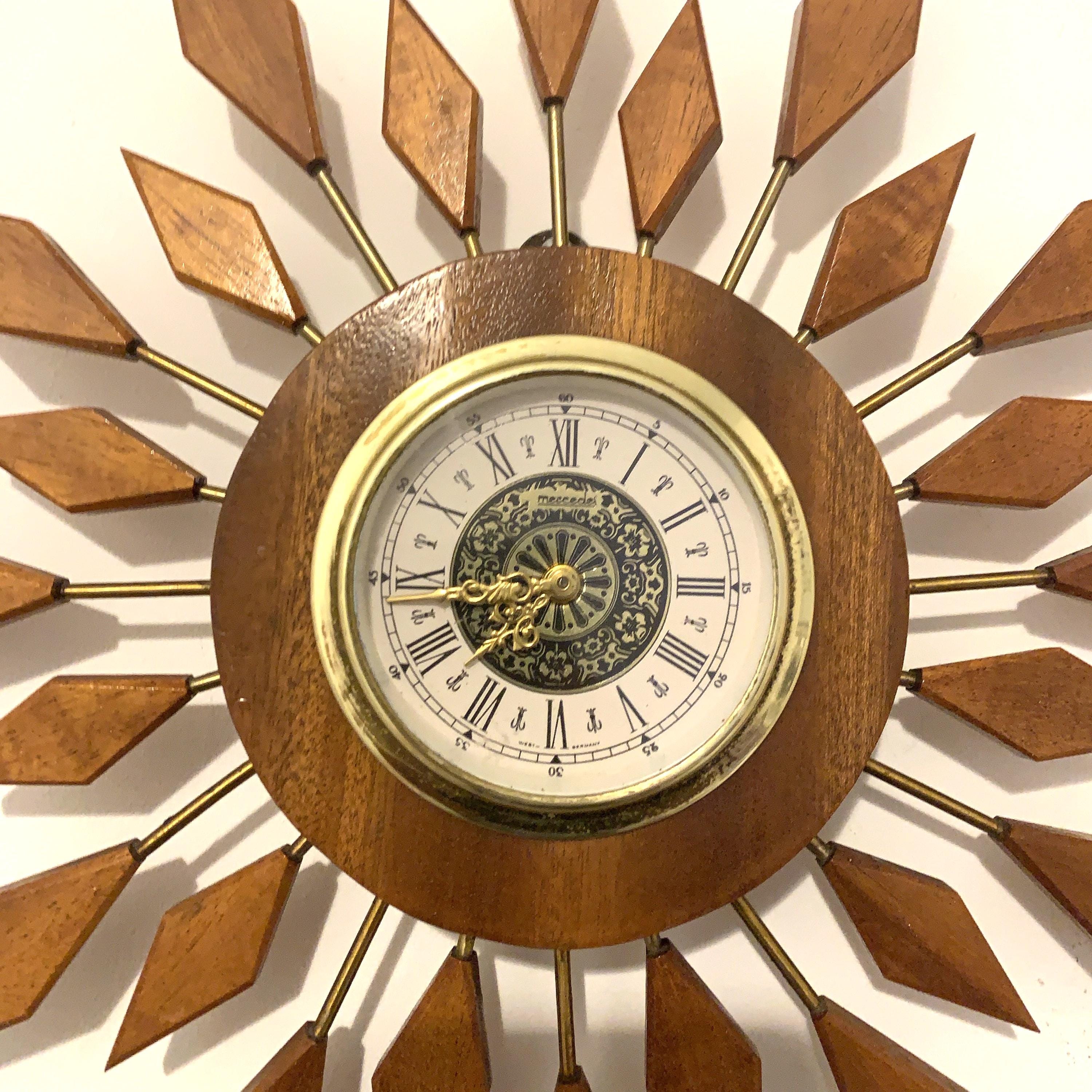 West German Teak Starburst Clock – 1960s Gebrüder Hauser Mercedes Wind-Up, 13.5 Inch