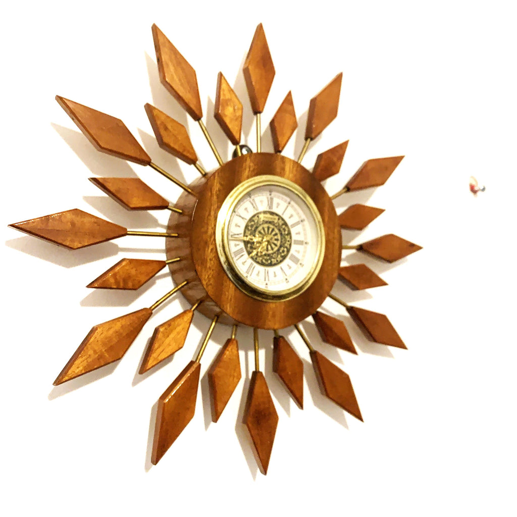 West German Teak Starburst Clock – 1960s Gebrüder Hauser Mercedes Wind-Up, 13.5 Inch