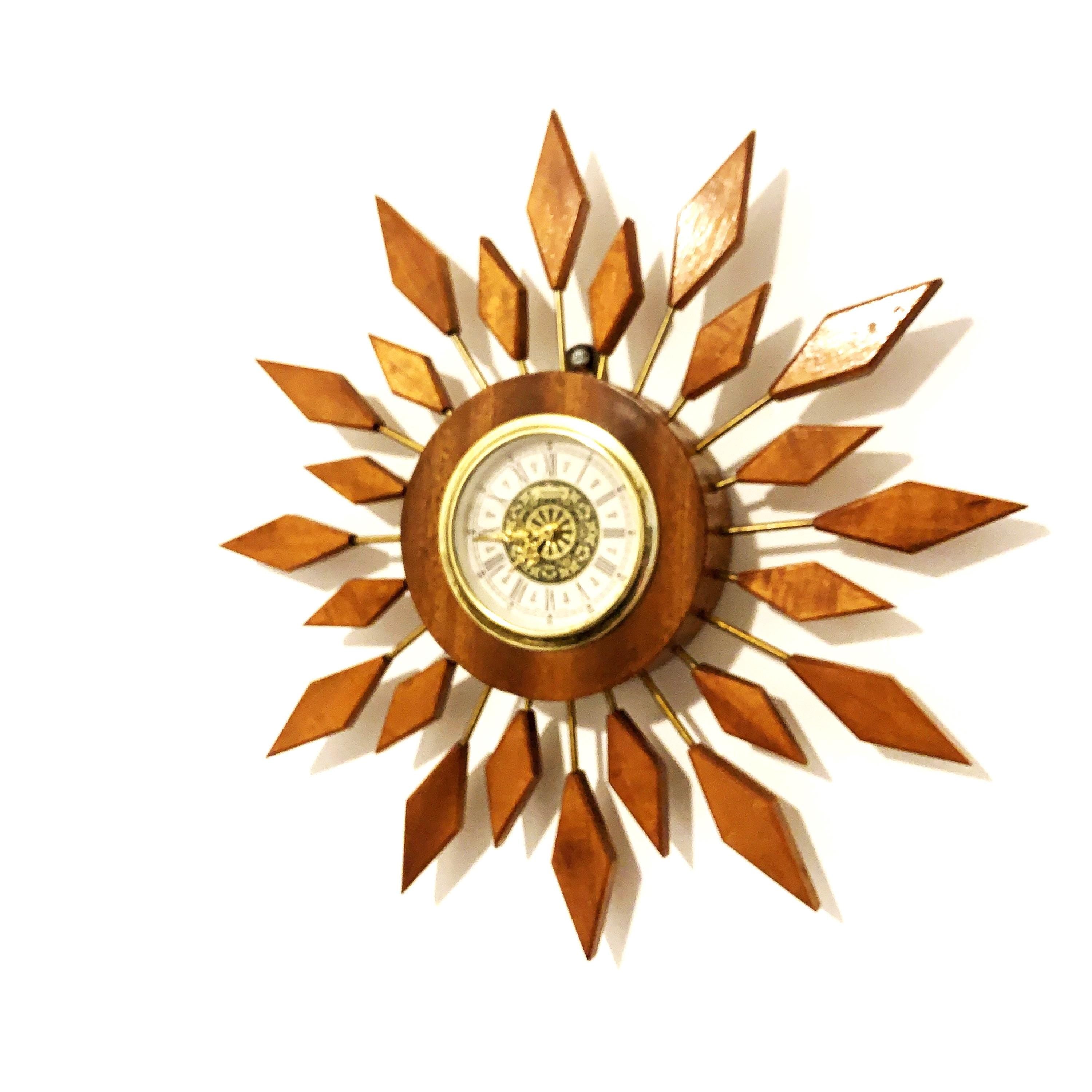 West German Teak Starburst Clock – 1960s Gebrüder Hauser Mercedes Wind-Up, 13.5 Inch