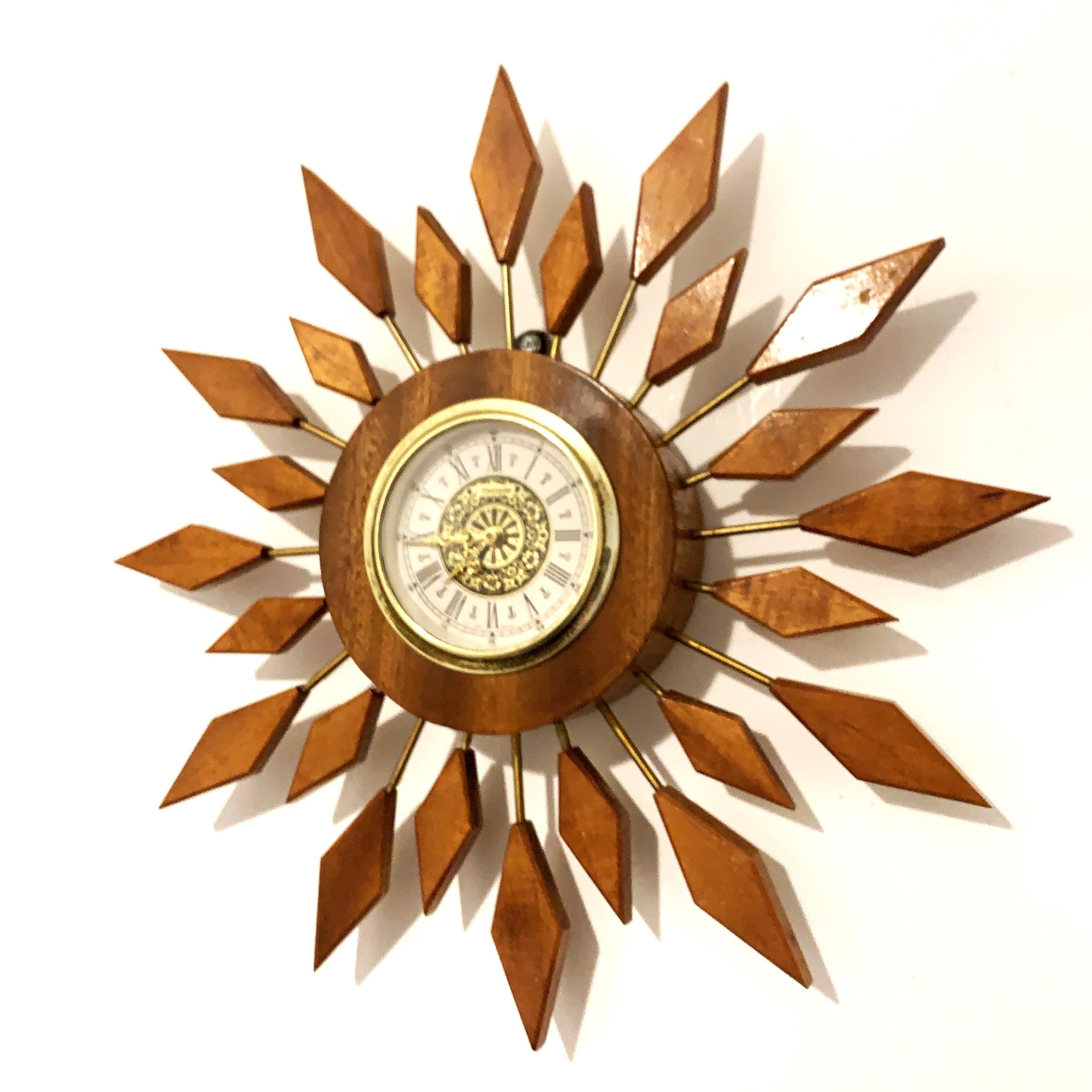 West German Teak Starburst Clock – 1960s Gebrüder Hauser Mercedes Wind-Up, 13.5 Inch