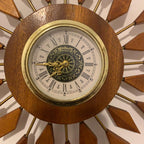 West German Teak Starburst Clock – 1960s Gebrüder Hauser Mercedes Wind-Up, 13.5 Inch