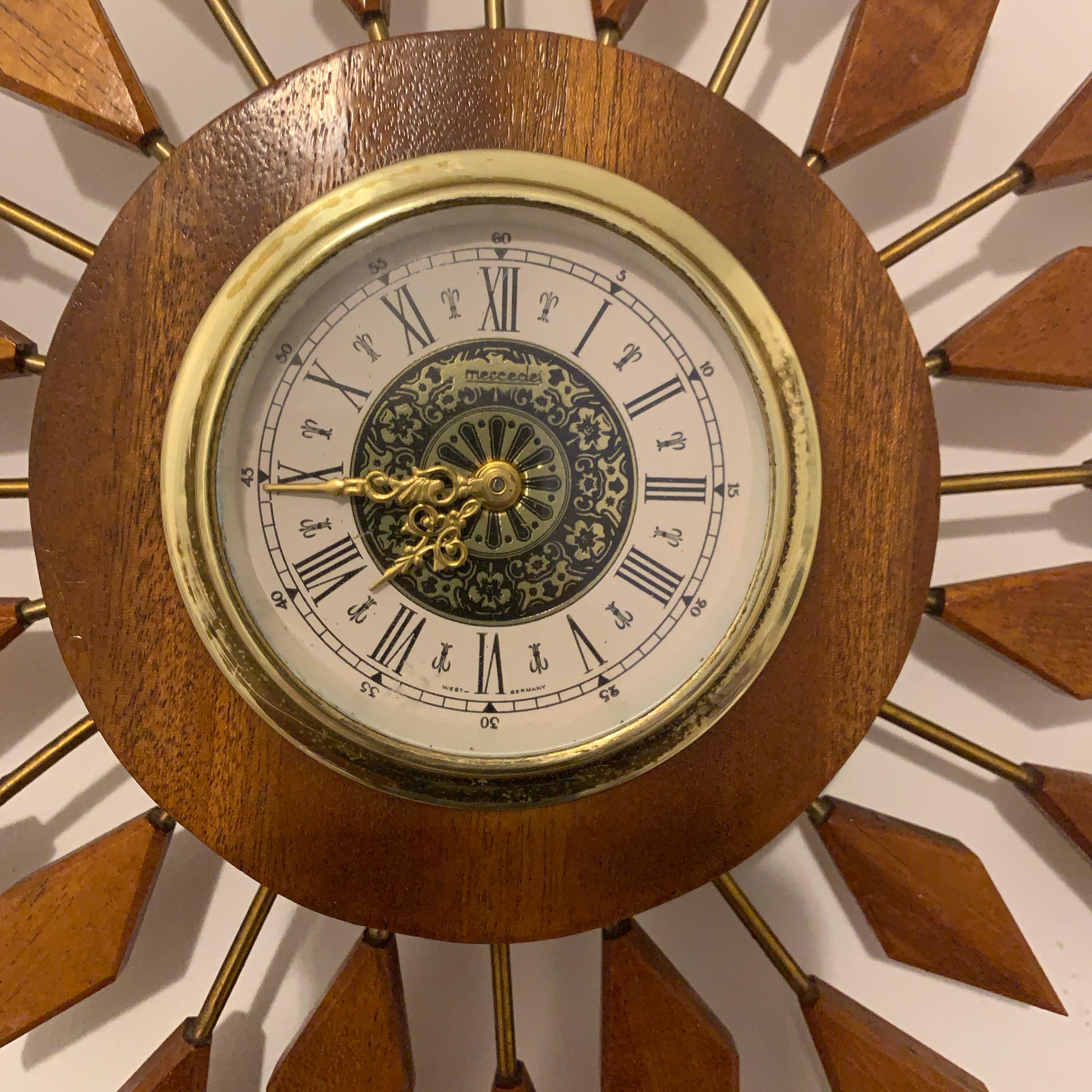 West German Teak Starburst Clock – 1960s Gebrüder Hauser Mercedes Wind-Up, 13.5 Inch