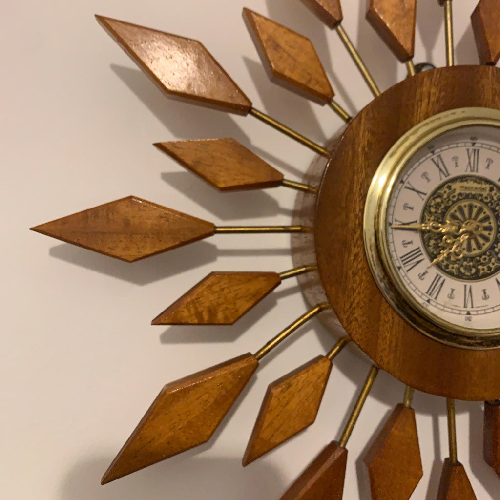 West German Teak Starburst Clock – 1960s Gebrüder Hauser Mercedes Wind-Up, 13.5 Inch