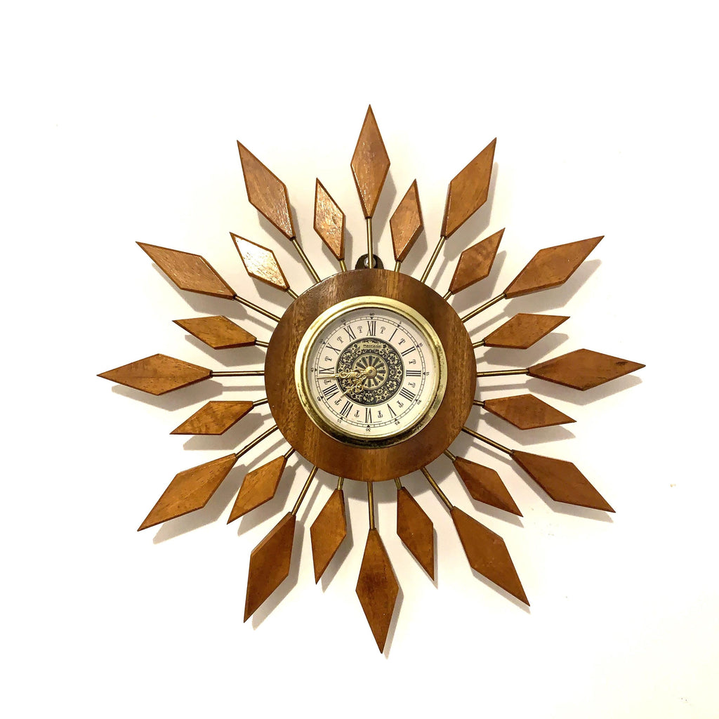West German Teak Starburst Clock – 1960s Gebrüder Hauser Mercedes Wind-Up, 13.5 Inch
