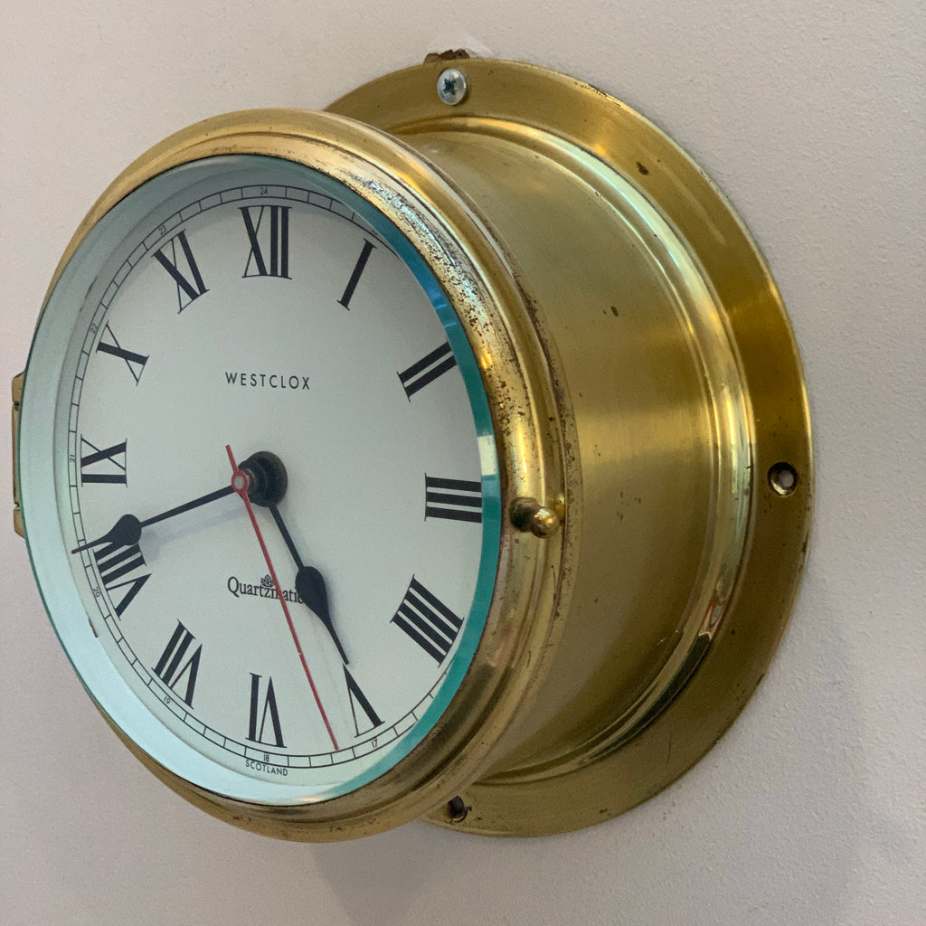 Westclox Quartzmatic Scotland Brass Ships Clock – 1970s Porthole Bulkhead Roman Numeral 8 Inch